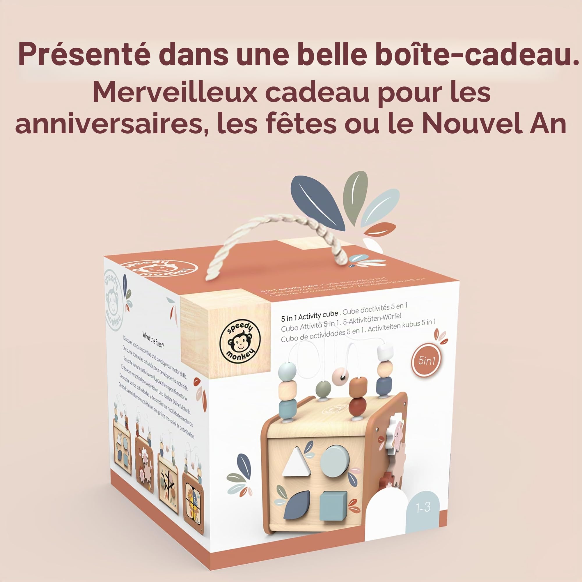 Speedy Monkey - Cube d’Activités Bébé 5 en 1 en Bois FSC - Jouet Montessori 12 Mois et Plus - Labyrinthe de Perles, Trieur de Formes, Engrenages - Cube Éveil Bois Enfant