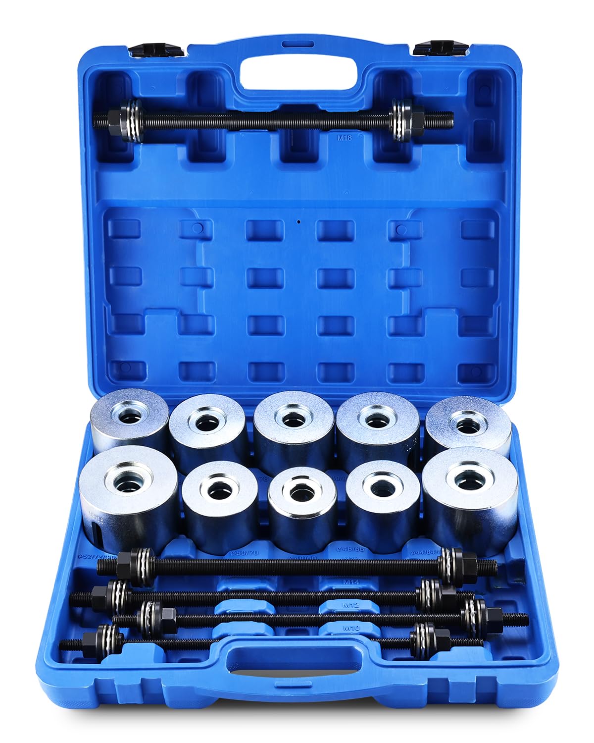 FreeTec Extracteur de Silent Bloc Extracteur de Roulement Intérieur 27pcs – Arrache Roulement Universel avec 5 Broches et 22 Douilles 34–80 mm – Kit Montage/Démontage Roulements, Joints & Silentblocs