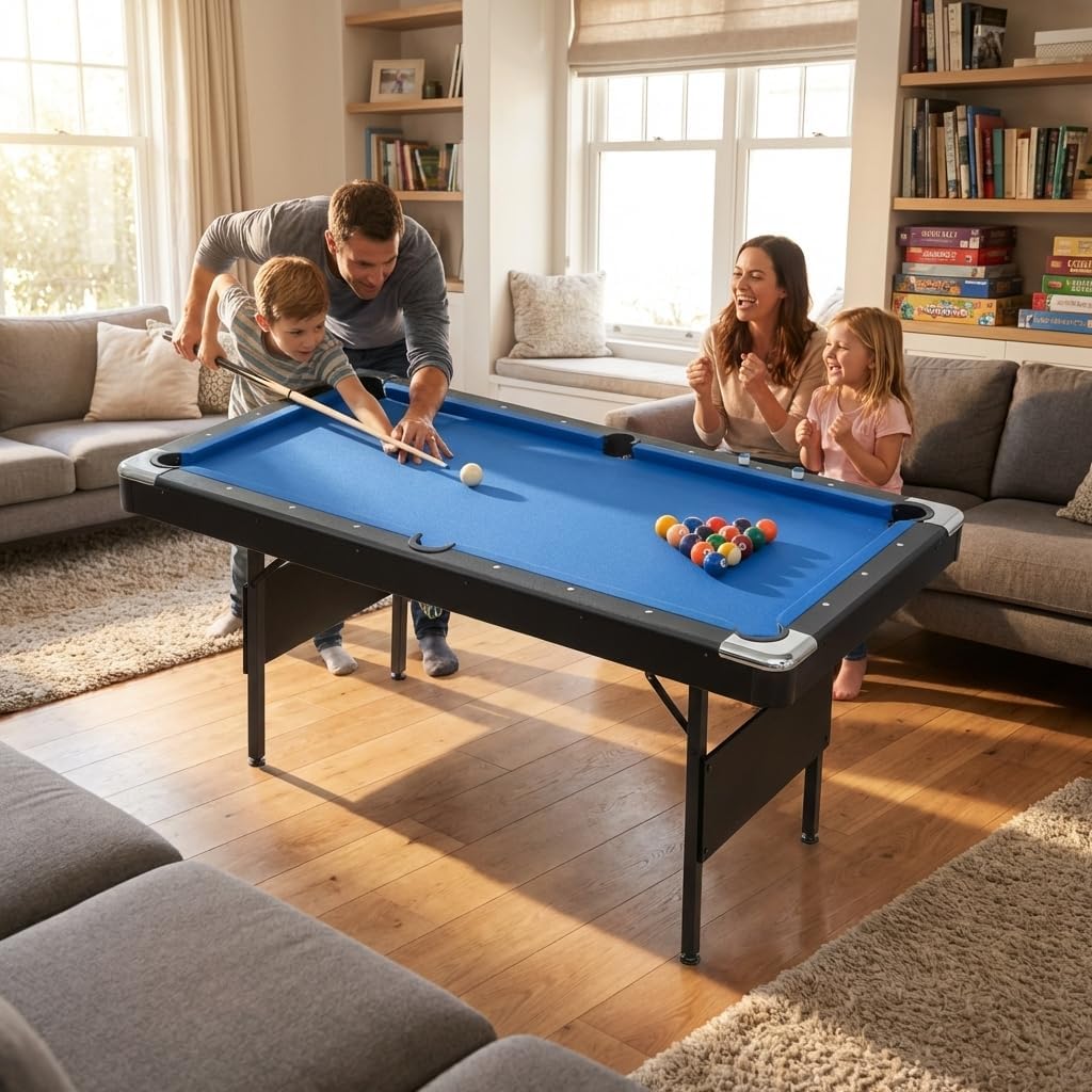 6 ft Foldable Pool Table with Steel Frame, Children's Pool Table, Billiard Game Table with Safety Anti Collapse Locks for Kids Includes Full Set of Balls, 2 Cue Sticks, Chalk and Felt Brush