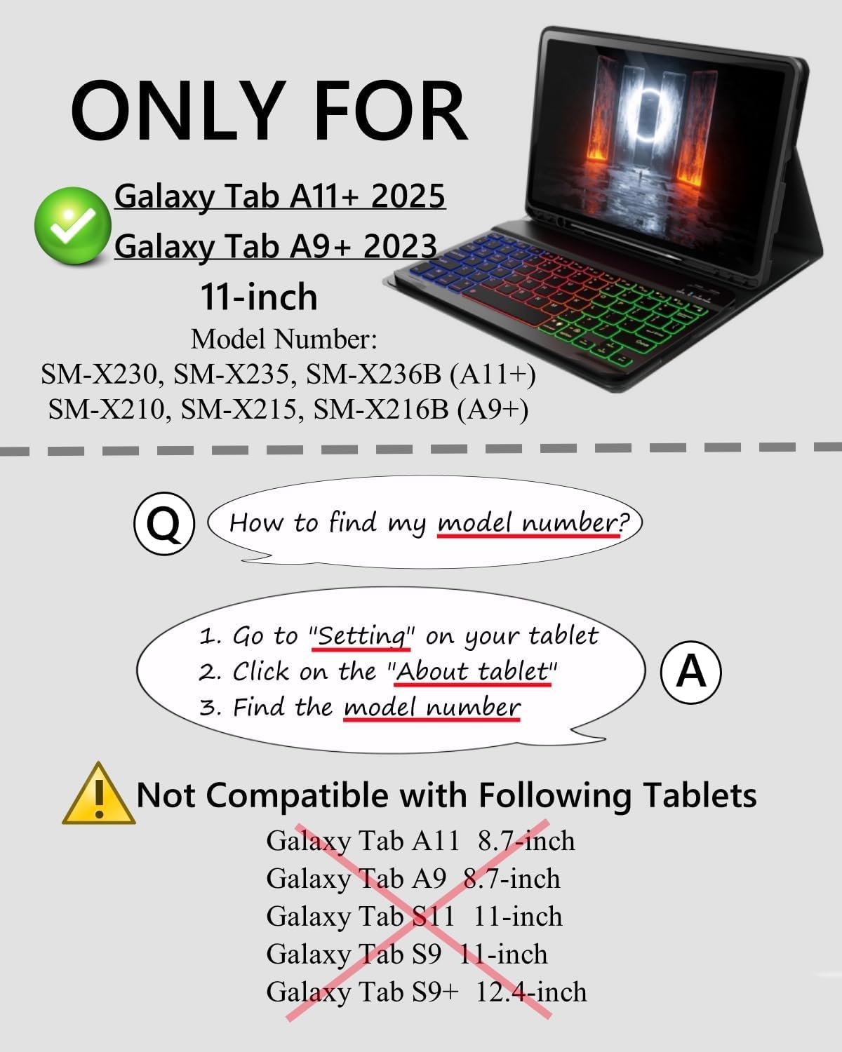 Para Samsung Galaxy Tab A11+ Plus (2025) / Samsung Galaxy Tab A9+ Plus (2023) 11 pulgadas funda con Teclado inalámbrico Bluetooth retroiluminado (teclado QWERTY, distribución española) y ratón