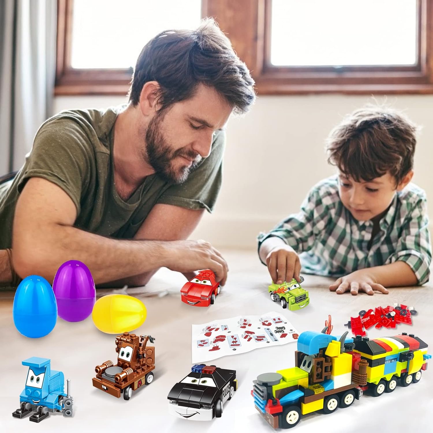 12 Pack 3" Large Filled Easter Eggs with Stem Toy Cars Kids Easter Basket Essential Plastic Surprise Egg Building Blocks 6 in 1 Transform Construction Vehicle Basket Stuffers Boy Egg Hunt Party Favor - Image 9