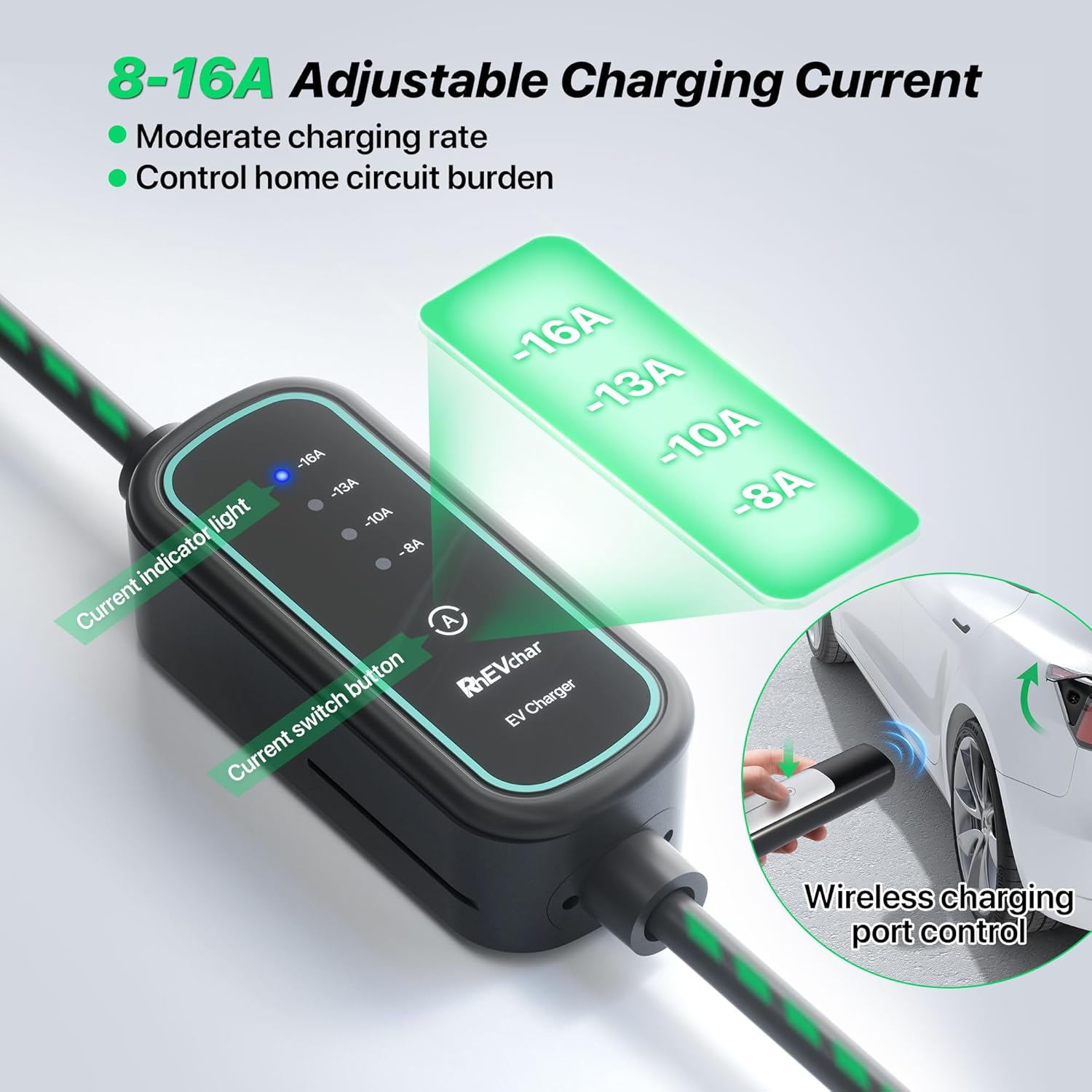 16A Tesla Charger: NACS Connector Level 1 Mobile Electric Vehicle Charging Station with NEMA 6-20 Plug & 5-15 Adapter, 25FT Cable, Wireless Port Opener, 8-16A Adjustable