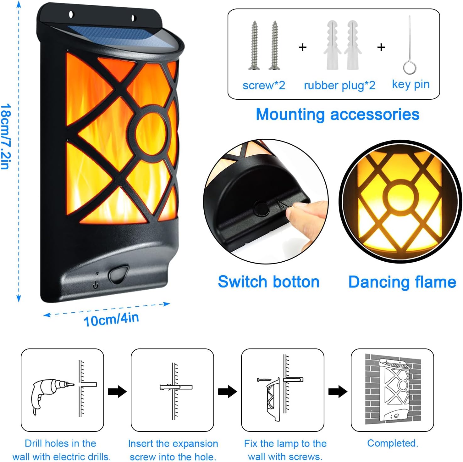 Solar Flame Lights Outdoor - Waterproof Wall Lanterns with Realistic 3D Flickering Flames, 66 Ultra Bright LED Fire Effect Light - Garden Decor for Patio, Fence, Deck - Auto On/Off (4 Pack)