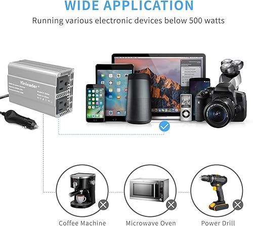Miniatura 6 de Yinleader Inversor de corriente de coche de 500 vatios 12V a 110V DC a AC Convertidor, inversor de coche con puertos USB duales 3.1A