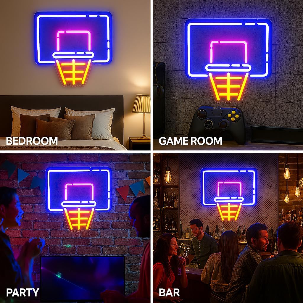 Basketball Hoop Neon Sign for Wall Decor – LED Dimmable Light Sign with Brightness Control for Sports Fans, Kids Room, Man Cave, Bedroom, Bar, Game Room, Party & Holiday Decorations (13.8" x 12.6")