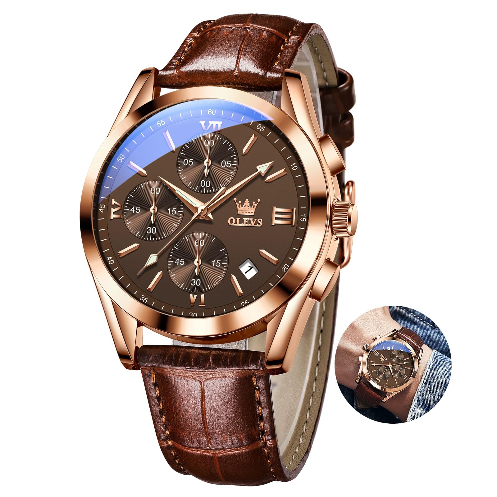 OLEVS Vintage Herrenuhren mit Lederarmband Großes Zifferblatt Armbanduhr Herren Wasserdicht Leuchtende Analog Kleid Uhren Herren mit Datumsanzeige