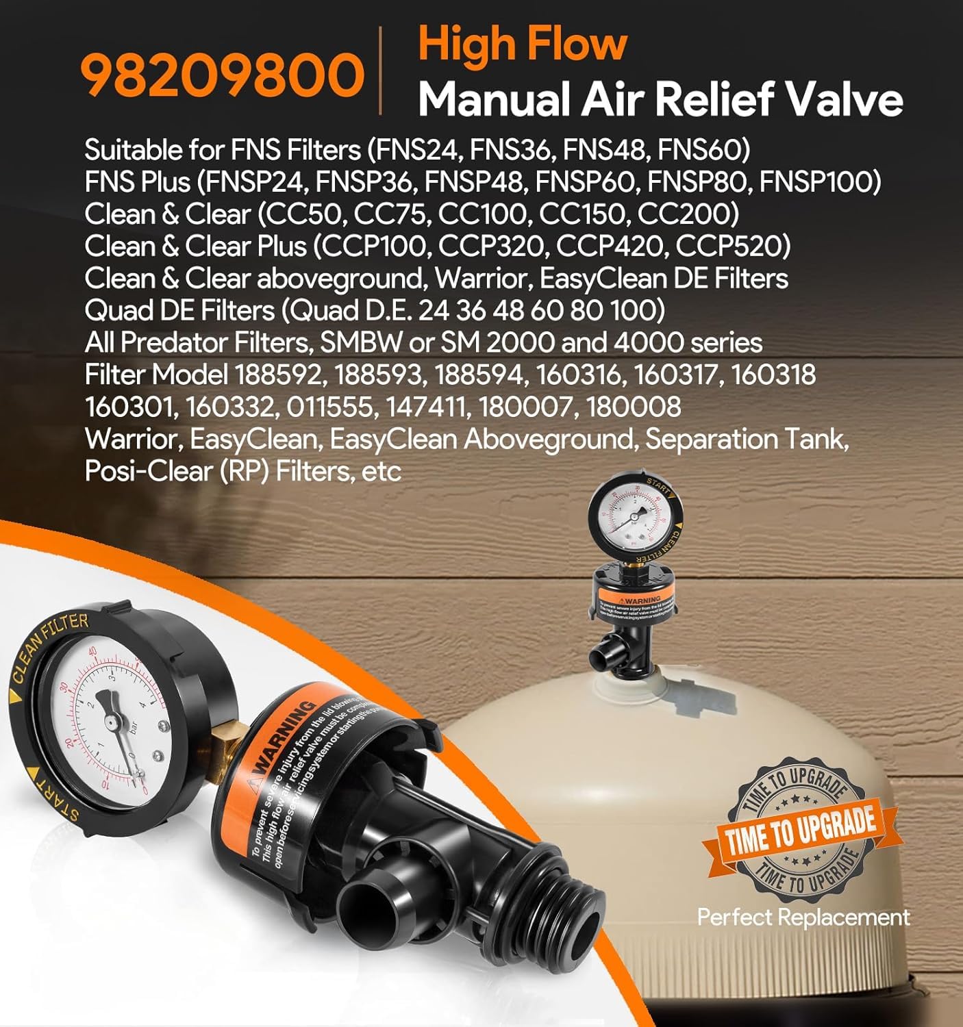 Vanne de vidange d'air avec manomètre pour filtre de piscine - Remplacement compatible avec 98209800 & 190058 - Convient pour Clean & Clear, Warrior, FNS, Predator - Soupape de décharge de pression