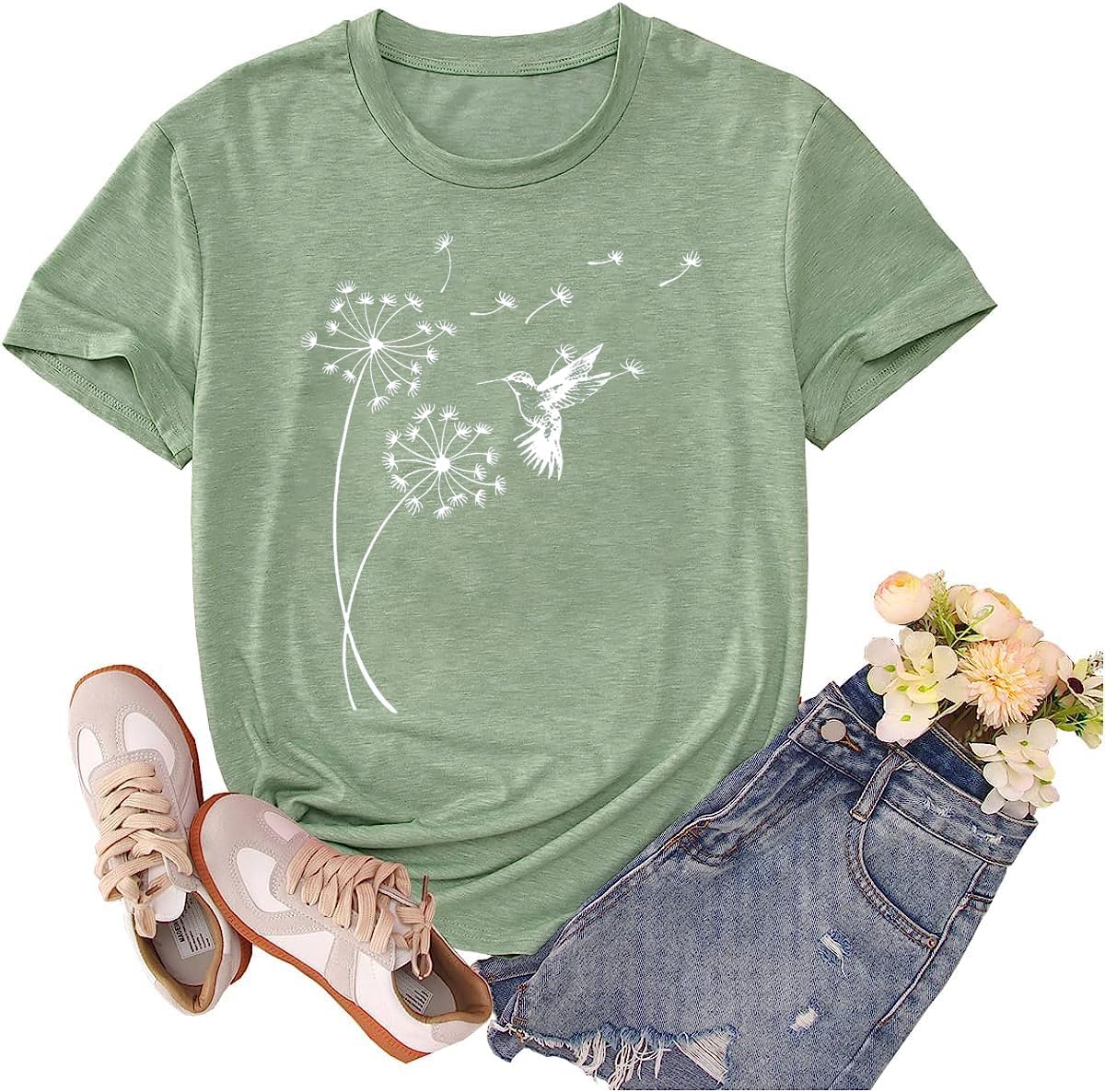 Women's Dandelion T Shirts Cute Wildflower Graphic Tees Funny Nature Bird Print Summer Casual Short Sleeve Tee Tops