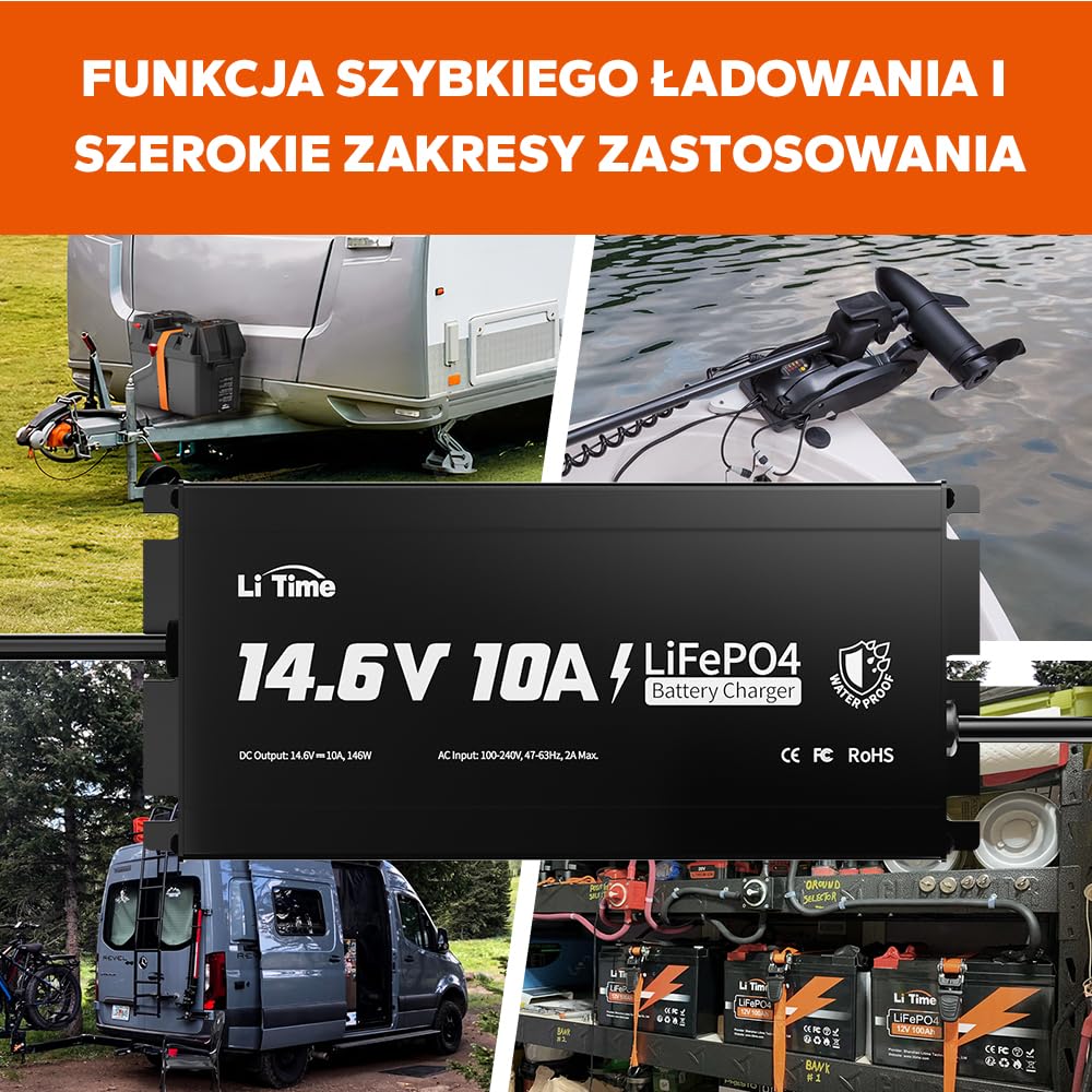 LiTime 14,6V 10A Ładowarka Pokładowa do Akumulatorów Litowo-jonowych IP67, 4-krotna Ochrona, Lepsza Wydajność ładowania, Wydłużona żywotność Akumulatorów Litowo-jonowych, do Użytku Zewnątrz Morzu