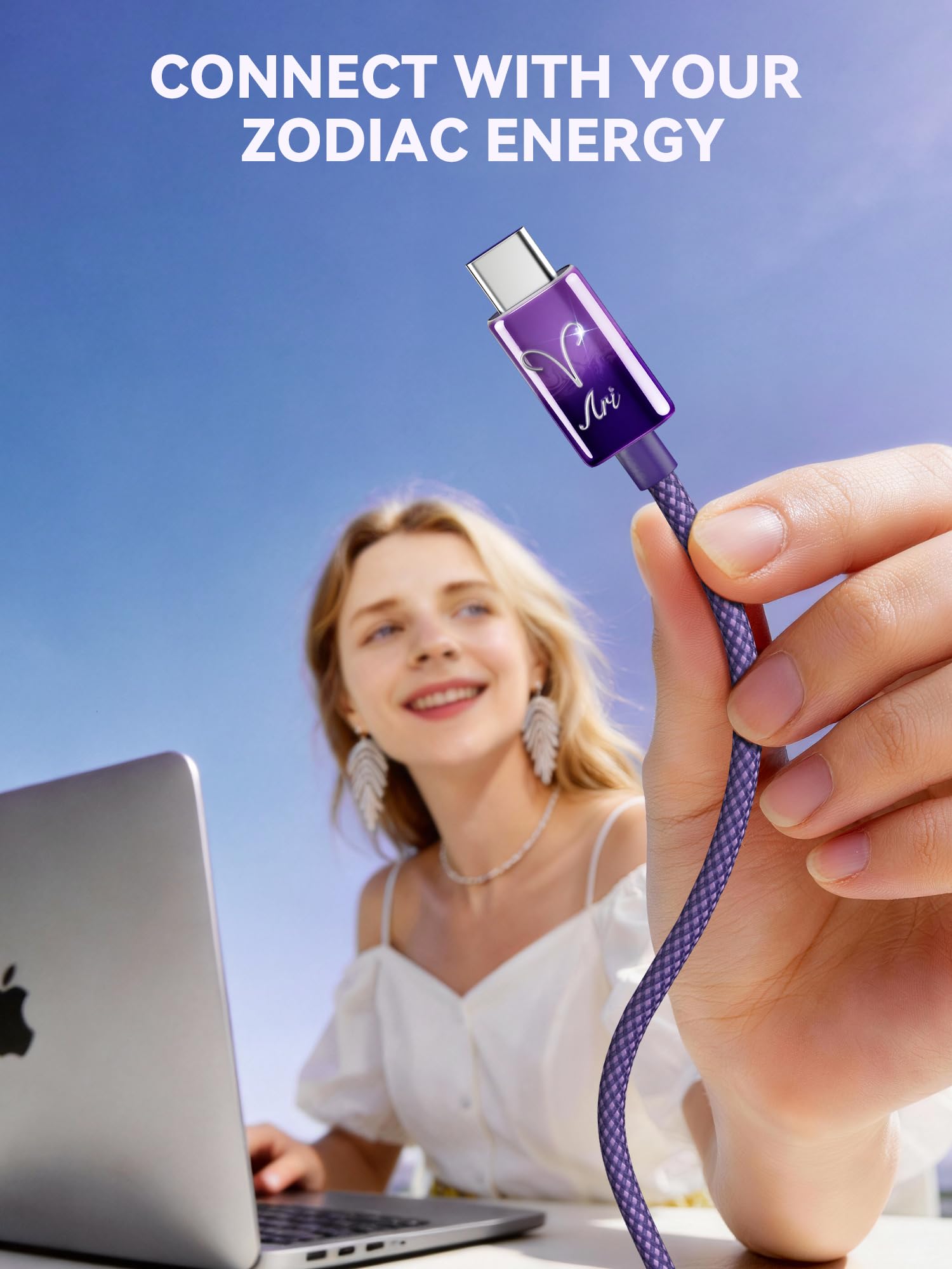 Ariete Zodiac - Cavo di ricarica da USB C a USB C, dipinto a mano, 240 W PD 3.1 Tipo C, cavo intrecciato in nylon a ricarica rapida, regalo astrologico per lei, 1 m