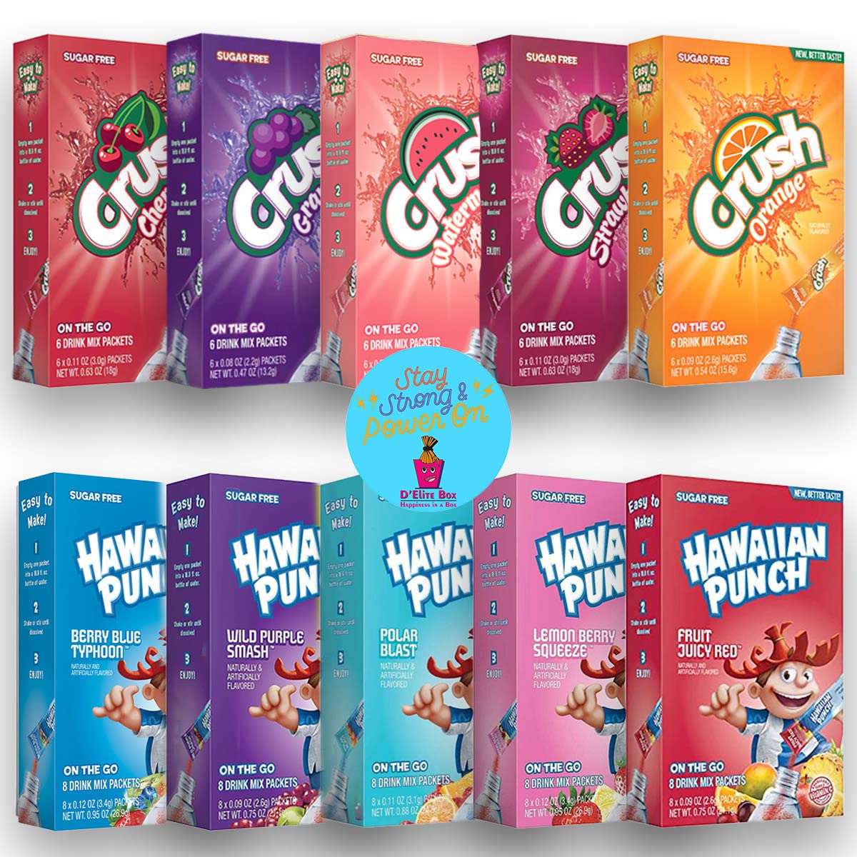 D'Elite Box Assorted Crush Powder Drink Mix and Hawaiian Punch Powder Drink Mix 10 box total- Sugar Free & Delicious, Excellent source of Vitamin C