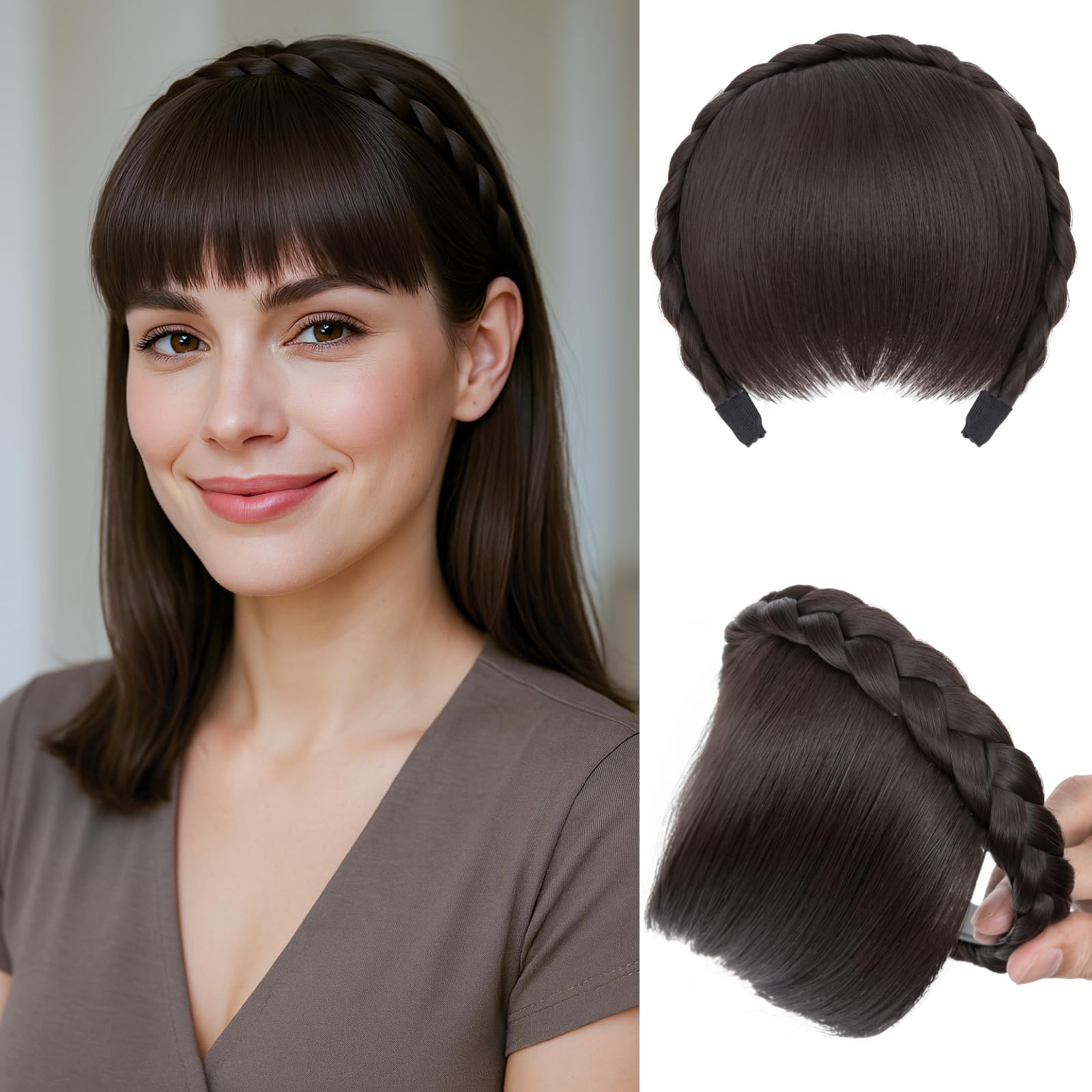Benehair Headband with Bangs Synthetic Plaited Hair Headband with Natural Fringe Medium Brown Hair Piece for Women Girls(Medium Brown