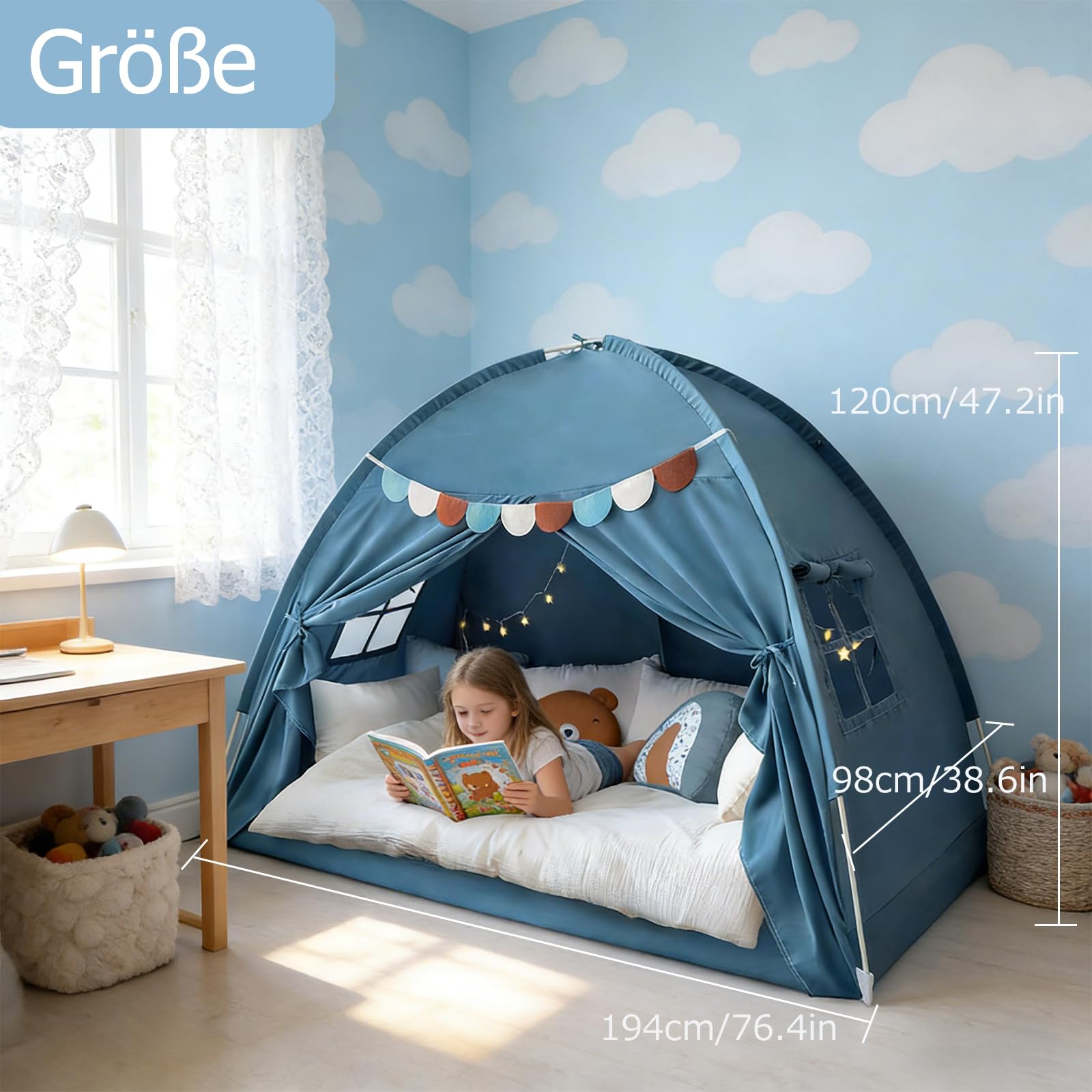 Kinderzelt Indoor,Zelt Kinderzimmer Mits Buntens Fahnen,Tipi Zelt für Kinder,Spielzelt Kinder Indoor,Faltbars Spiels Haus für Gartens Campings (G-Blau-[194x98x120cm])
