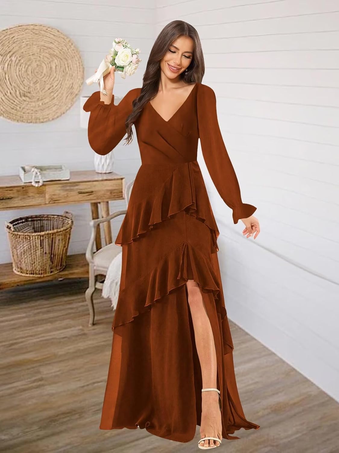 Long Sleeve Bridesmaid Dresses for Women Tiered Ruffle V Neck Chiffon Fall Formal Dress with Slit
