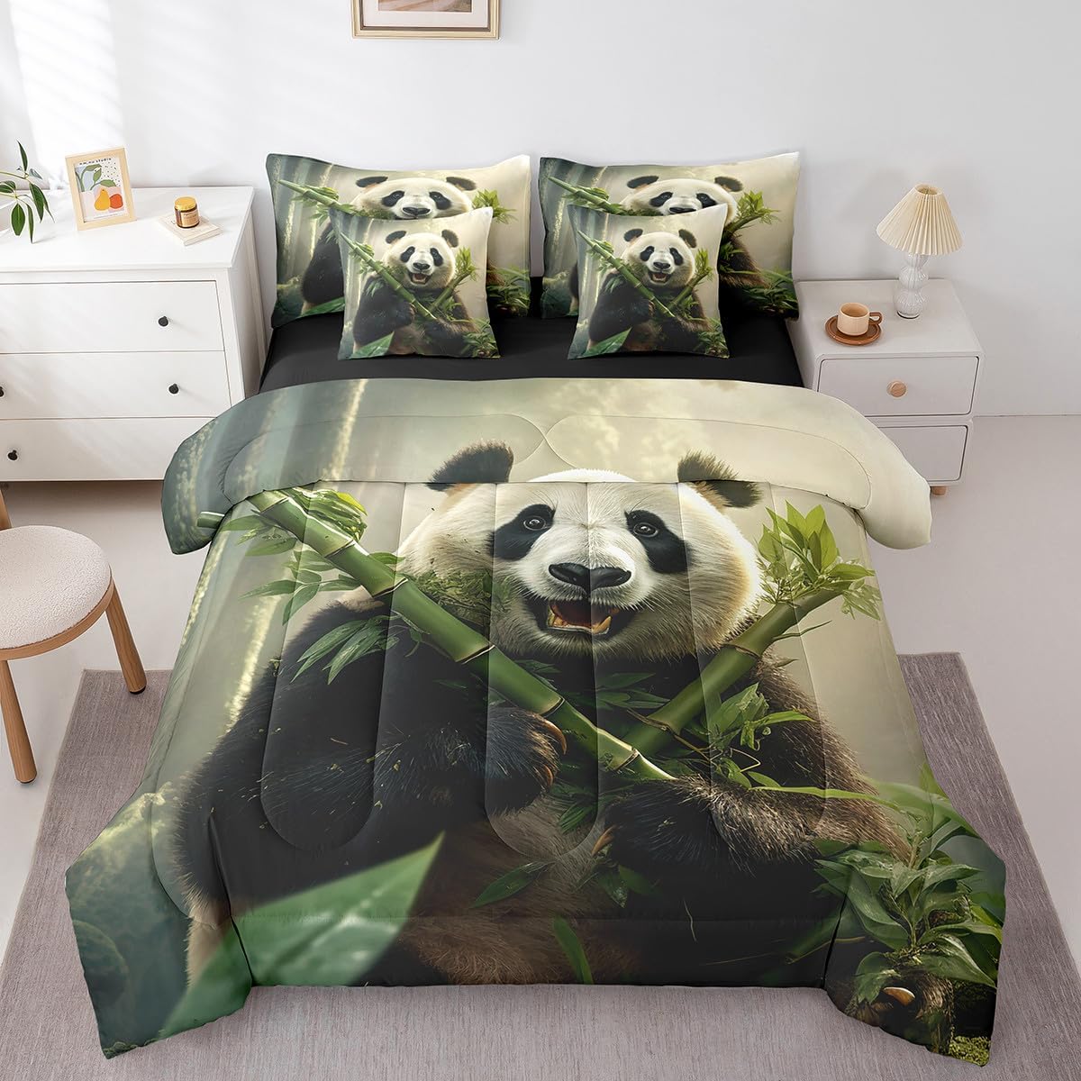 Feelyou Panda Comforter Set Full Size 7 Pieces, Kids Boys Girls Cute Zoo Animal Bedding Set for All Season, Chinese Style Bed in a Bag with Comforter, Sheets, Pillowcases & Cushion Cover