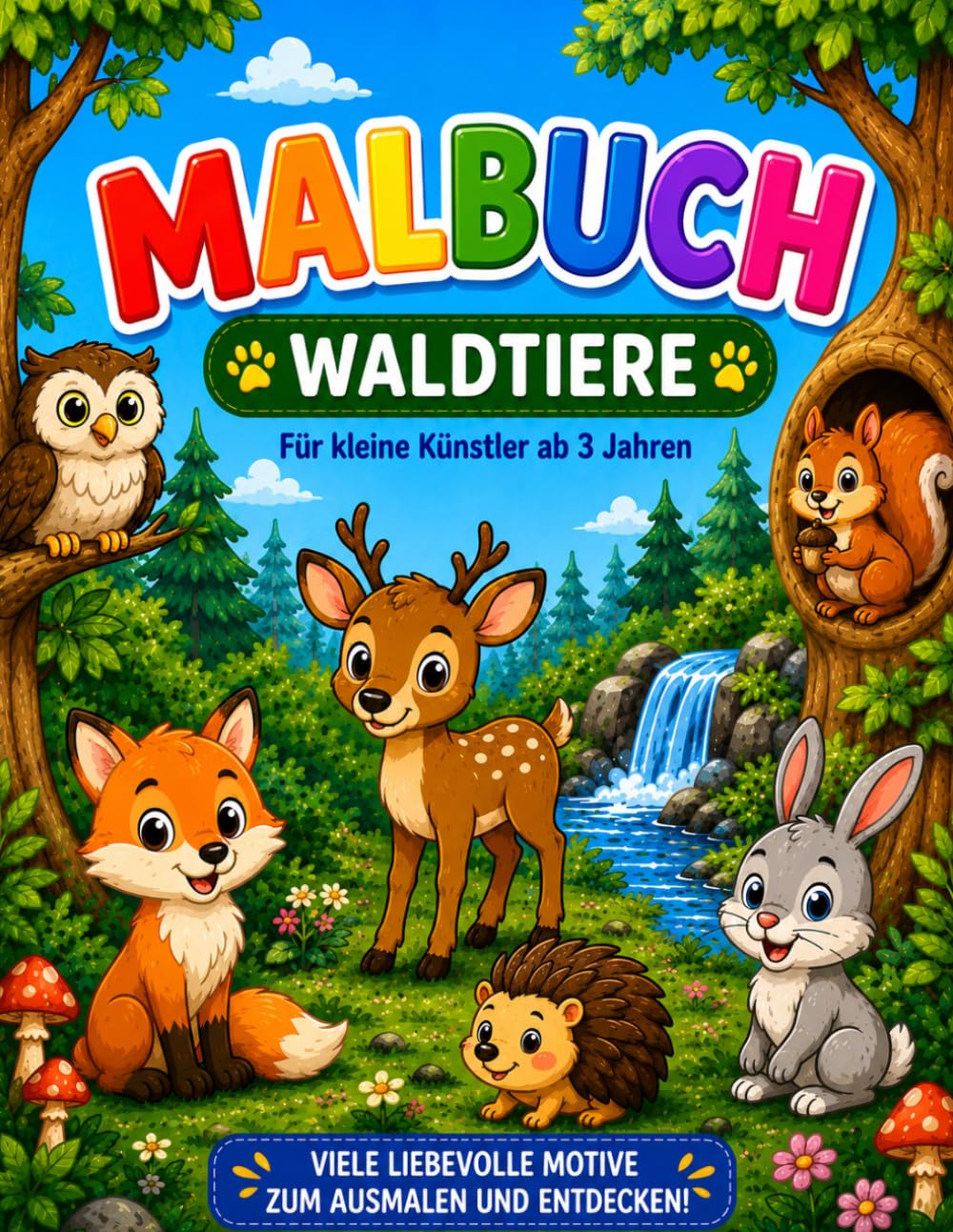Waldtiere Malbuch für Kinder: 30 süße Waldtiere zum Ausmalen für Jungen und Mädchen ab 3 Jahren