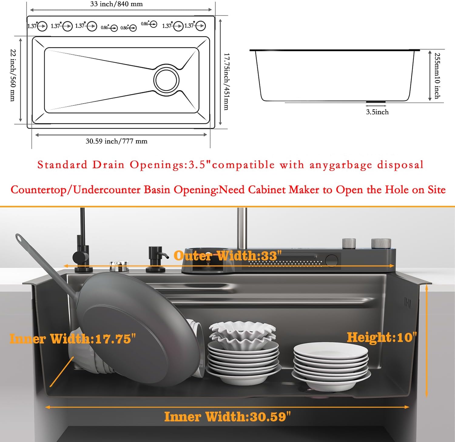 33x22x10 In Black Smart Kitchen Sink Digital Display Ambient Light Multifunction Waterfall Kitchen Sinks 8 Gauge Metal Black Stainless Steel Single Bowl Workstation Sink With Soap Dispenser