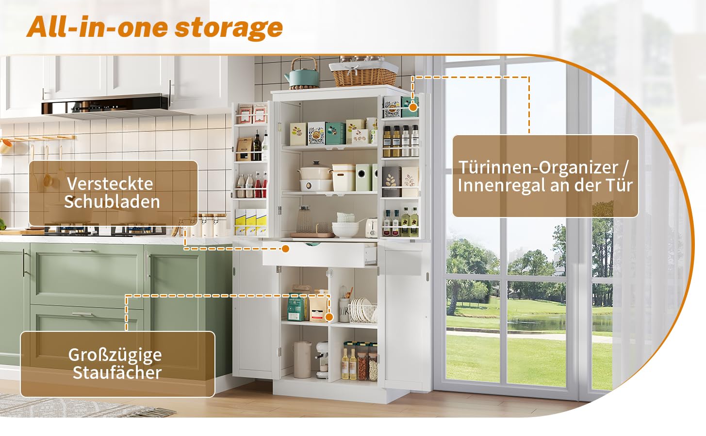 Armario de cocina de 182 cm, armario alto con 4 puertas y 1 cajón, armario de 6 compartimentos, 4 estantes ajustables y estantes para puertas, armario de almacenamiento para cocina (blanco, B)