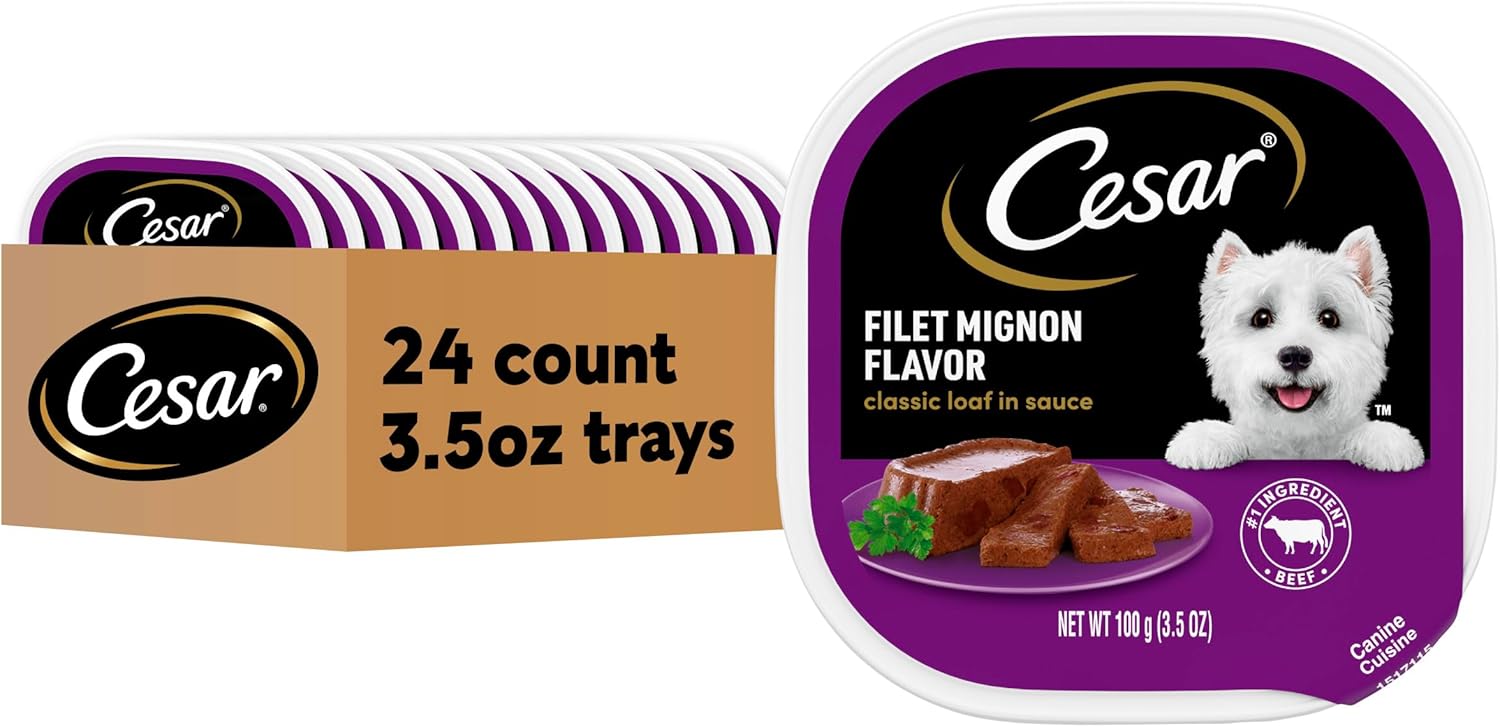 Cesar Wet Dog Food Classic Loaf in Sauce Filet Mignon Flavor, 3.5 oz. Easy Peel Trays (24 Count, Pack of 1) Cesar Wet Dog Food Classic Loaf in Sauce Filet Mignon Flavor, 3.5 oz. Easy Peel Trays (24 Count, Pack of 1)