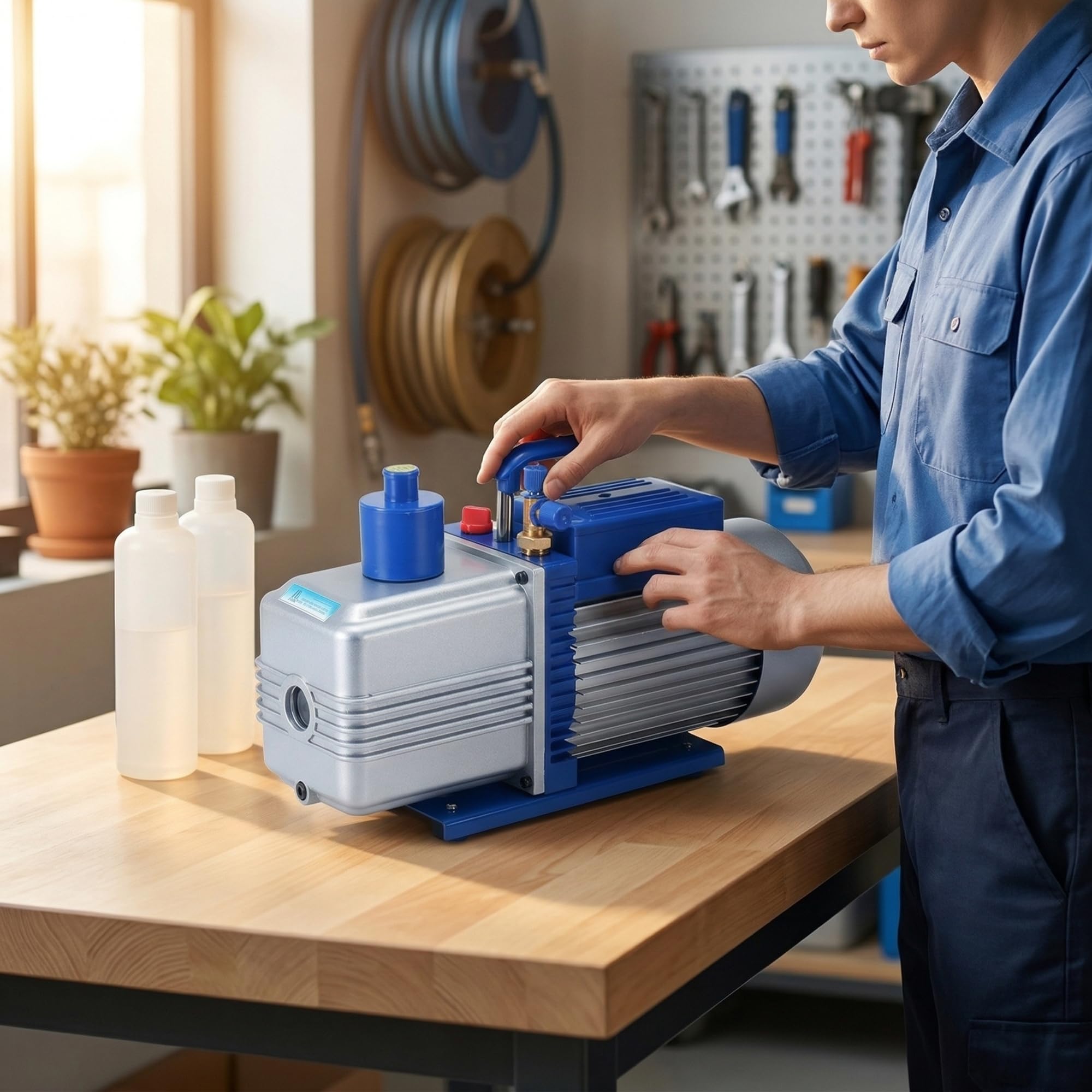 Mucola Vakuumpumpe 2-stufig 284 l/min 10 CFM 0,3 Pa Silber/Blau | Unterdruckpumpe Klimapumpe Aluminiumgehäuse Öl-Schauglas Rückschlagventil | HVAC Pumpe Klimaanlage Kältetechnik Entgasung 230V