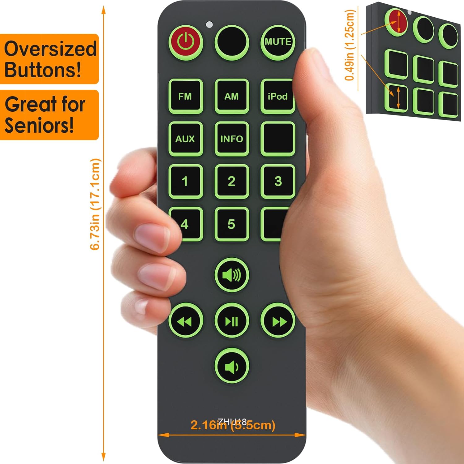 Image highlighting the oversized buttons and dimensions of the remote control.