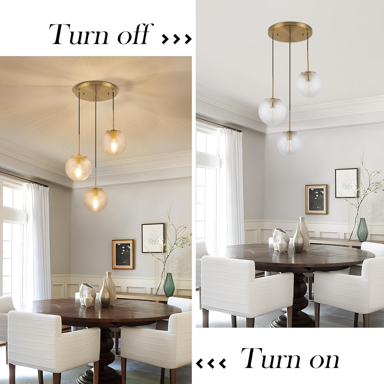 3-Light Glass Globe Pendant Light, Mid Century Modern Cluster Chandelier with Clear Glass, Vintage Gold Pendant Lighting for Kitchen Island, Staircase, Dining Room, Living Room