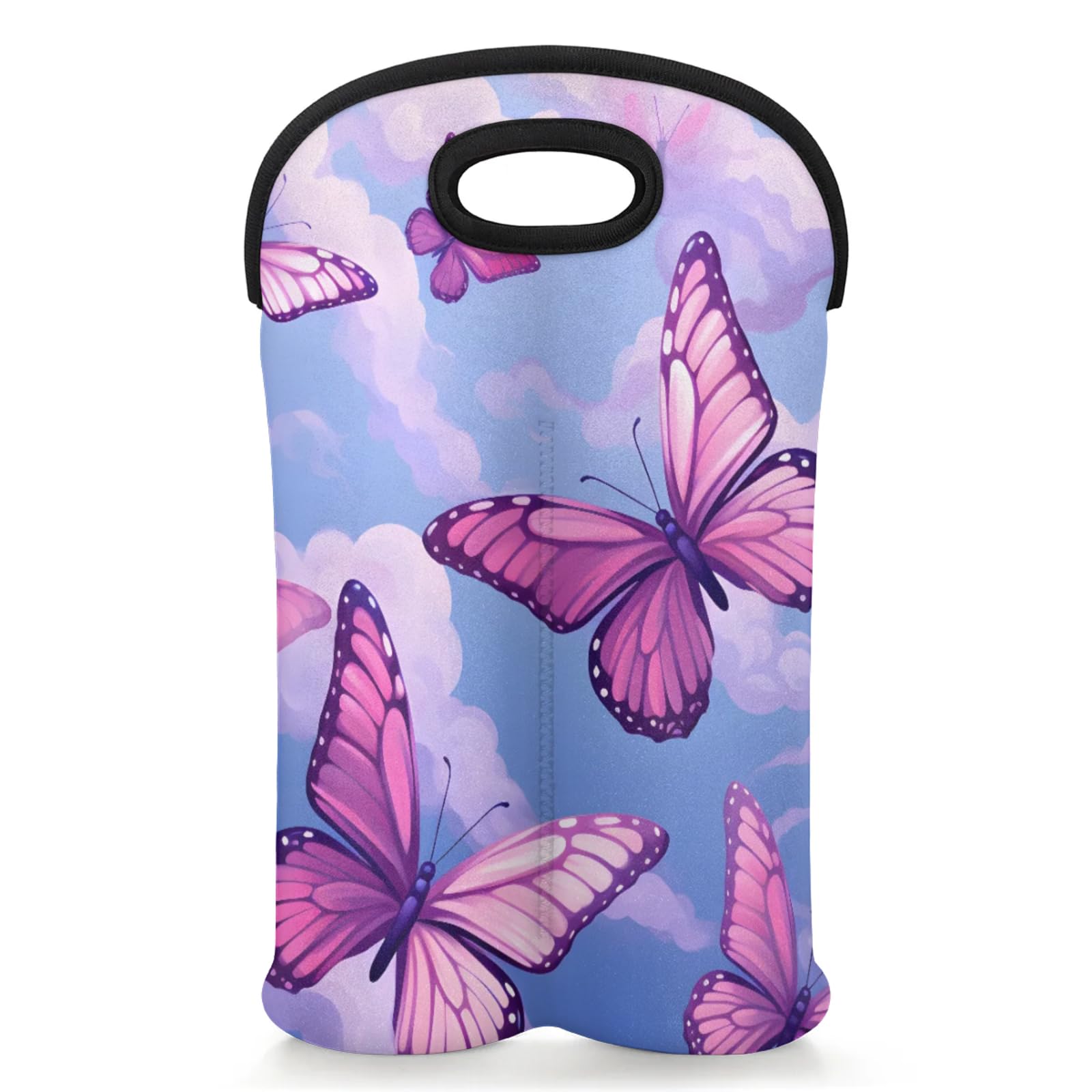 GzLeyigou 2 Bottles Purple Butterfly Wine Bag Sleeve Totes Butterfly Neoprene Protective Wine Carrier Bag for Wine,Water, Champagne, Beer, Baby Bottles,Gift 14.5 x 10 Inches