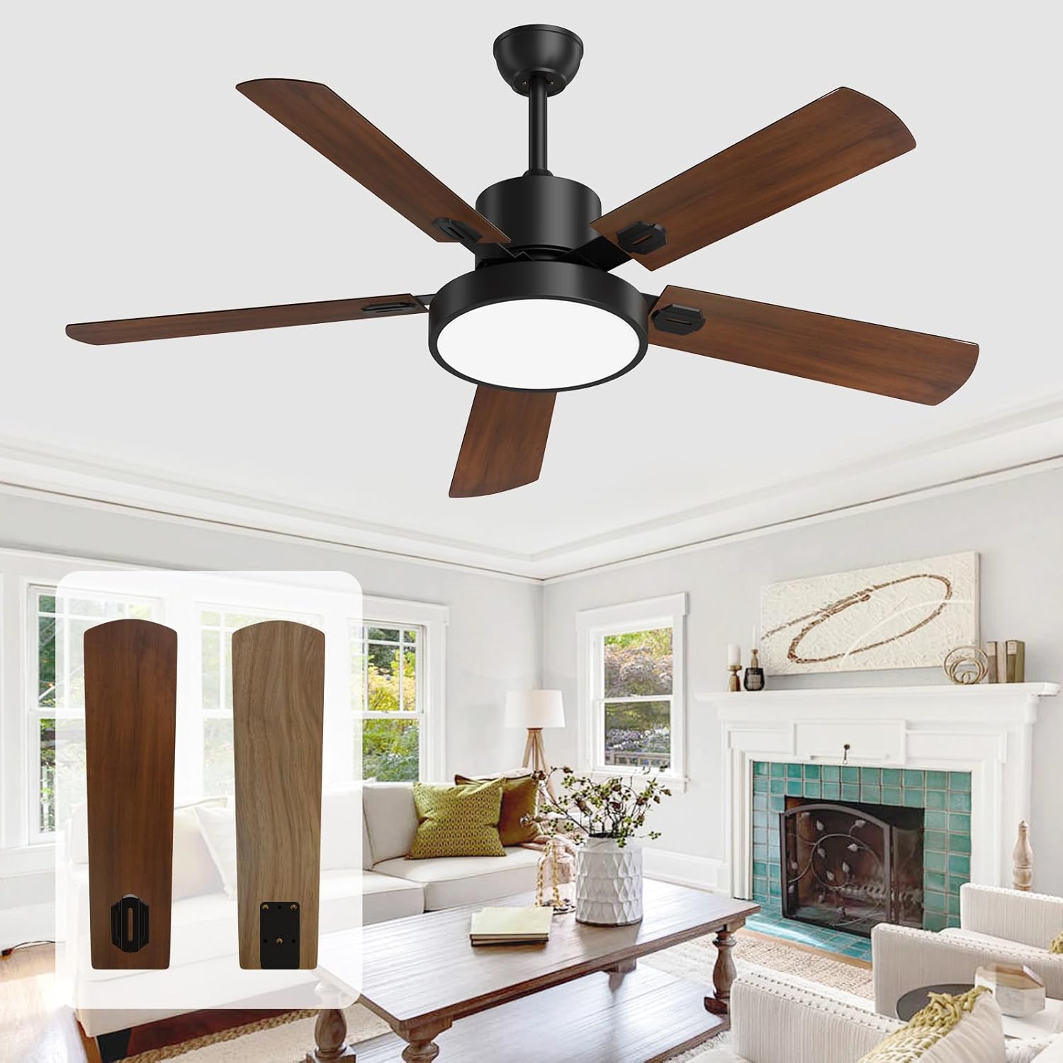 Ceiling Fans with Light and Remote,52 inch Outdoor Ceiling Fans for Patio,6 Speeds, 3 Color Tones Adjustable LED for Bedroom,Indoor, Modern Farmhouse or Living Room of The House Yellow-Brown