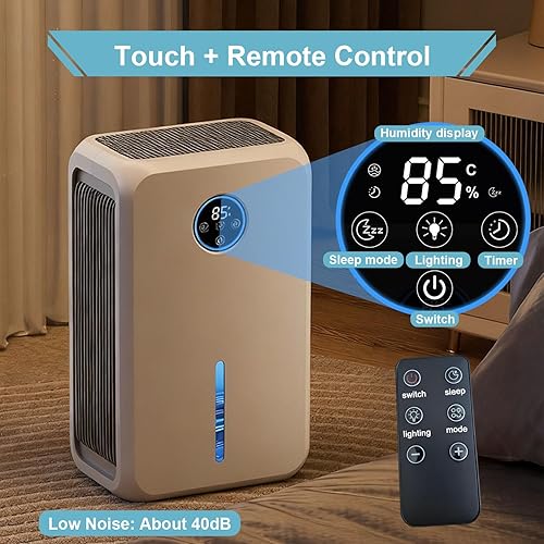 Miniatura 5 de Deshumidificador para el hogar con sensor digital de humedad, tanque de agua de 2.2 L, control táctil, temporizador de 12 horas, ideal para sótano,