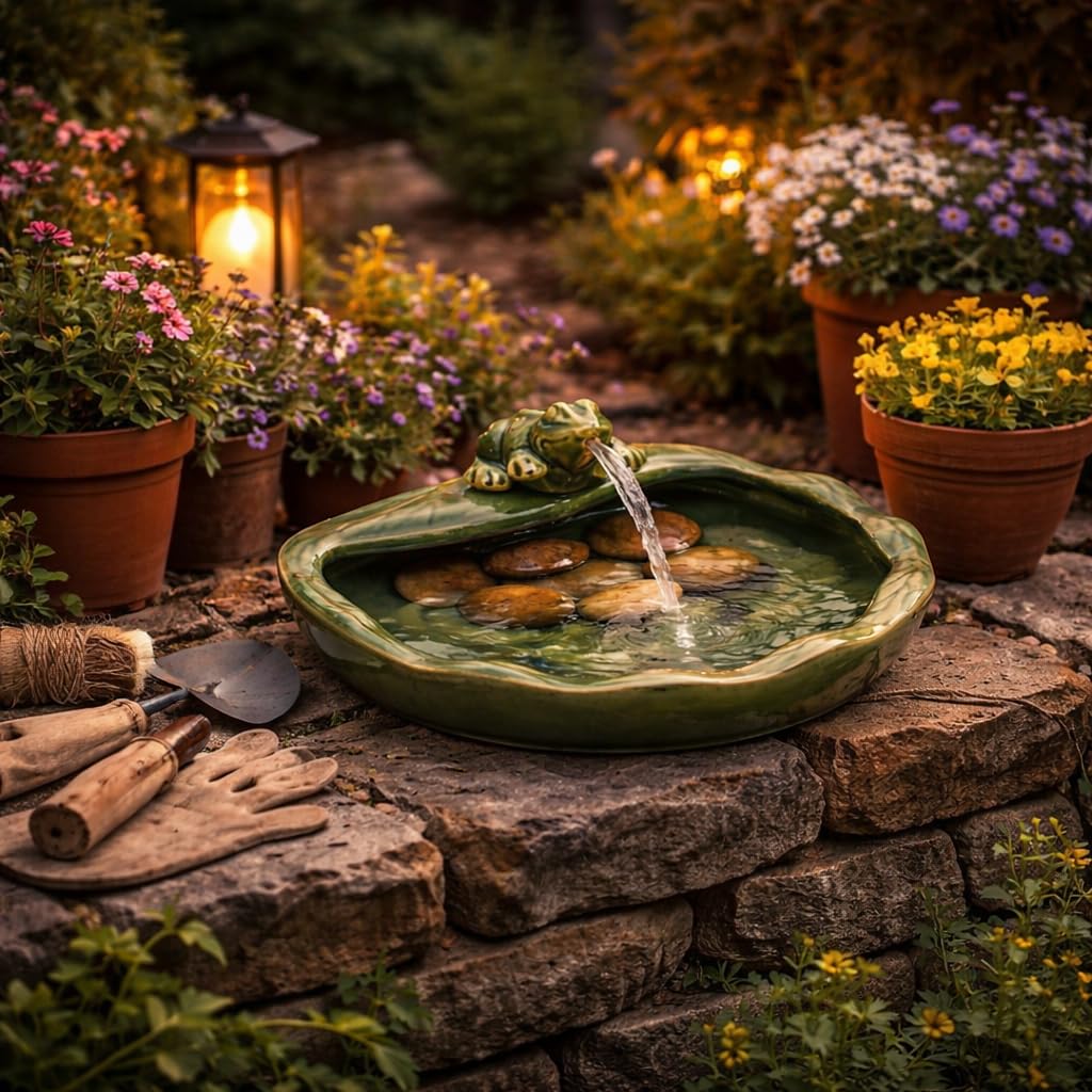 Festive Lights Solarenergie-Keramik-Frosch-Wasserspiel 37 cm Gartenbrunnen IP44 wetterbeständig