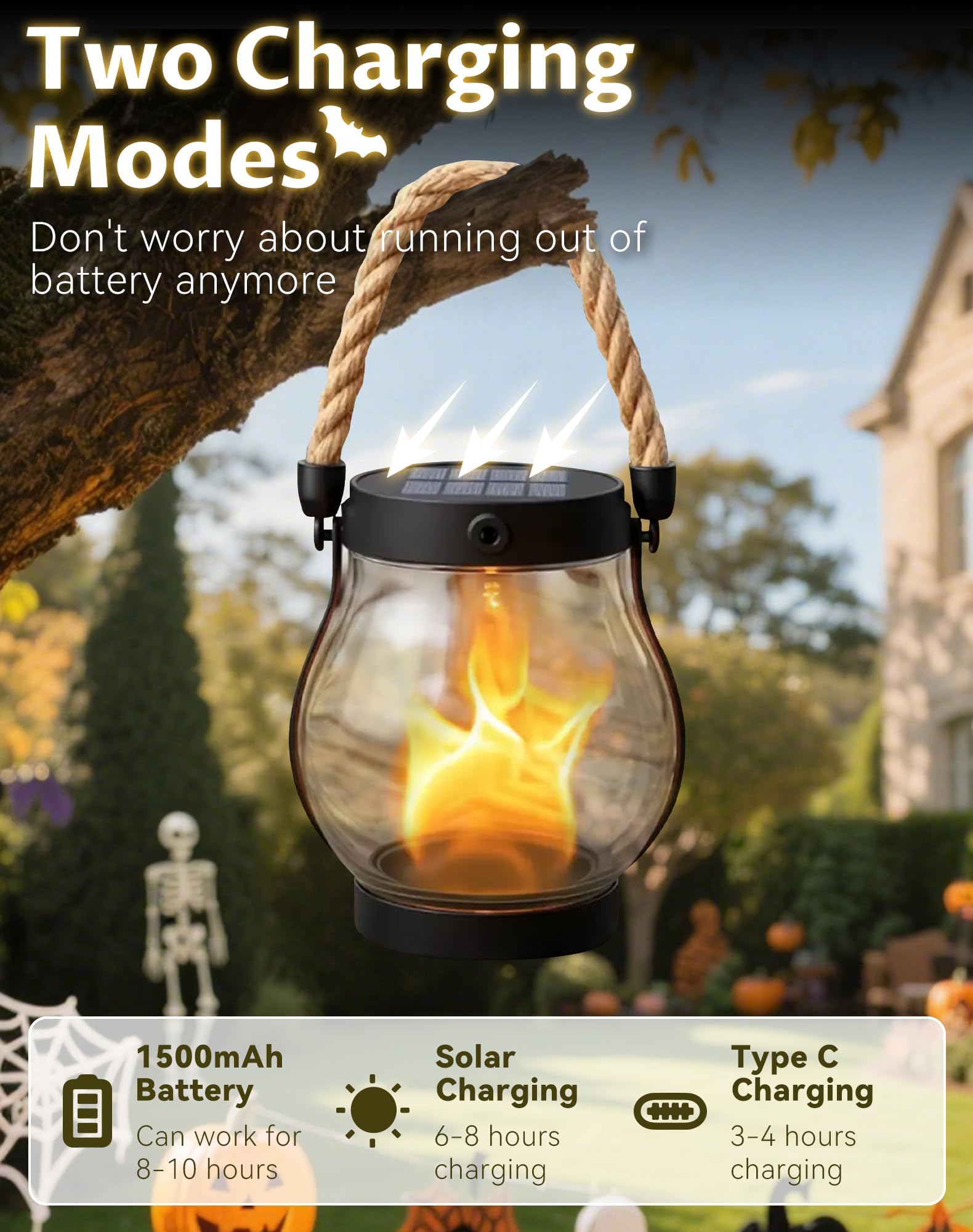 Kaliqo Lanterna solare per esterni, impermeabile, fiamma danzante, lanterna solare, luci esterne, corda di canapa Kaligo, lanterne a fiamma da appendere per decorazioni da giardino e cortile