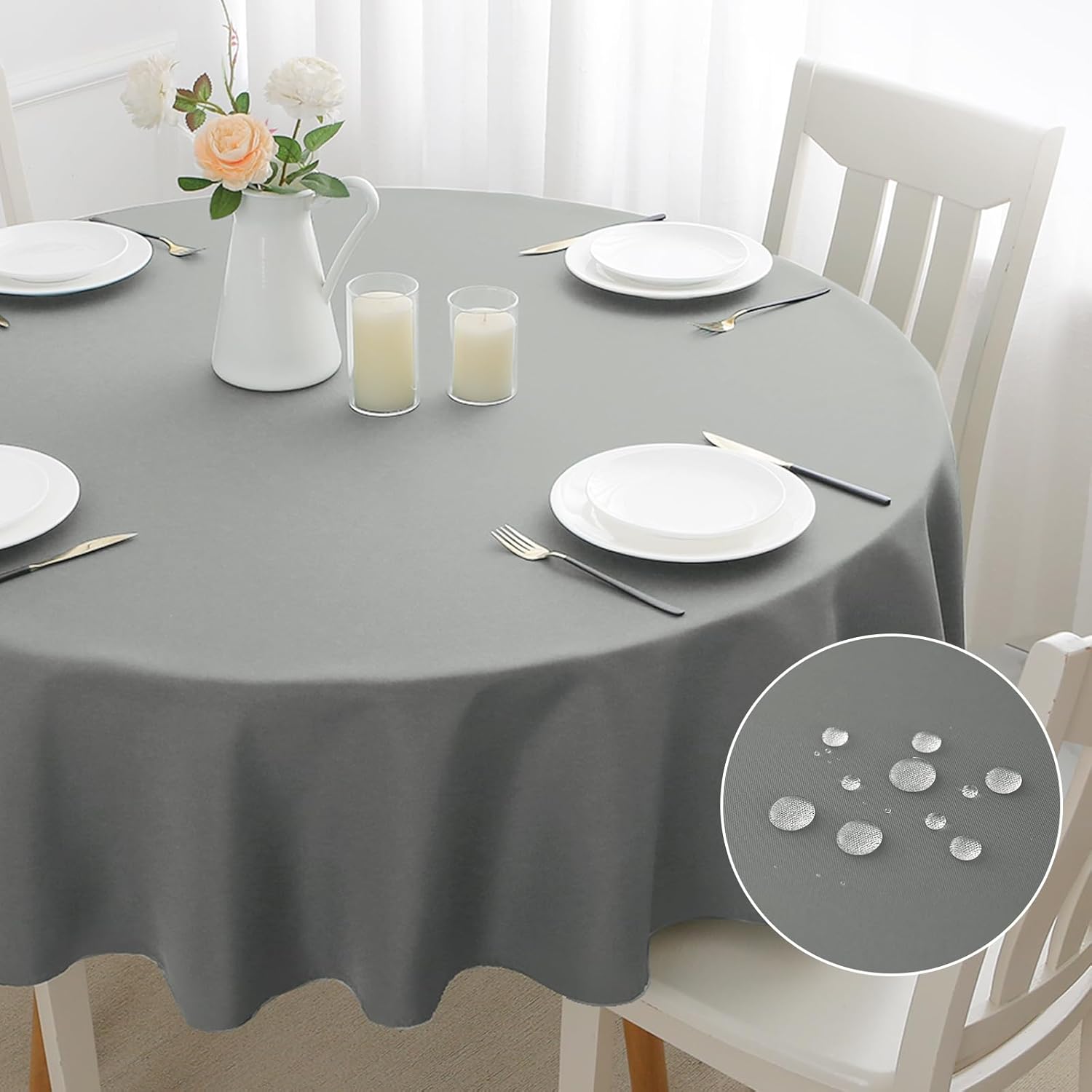 mosayt Round Tablecloth 200 cm Washable Linen Look Tablecloth Lotus