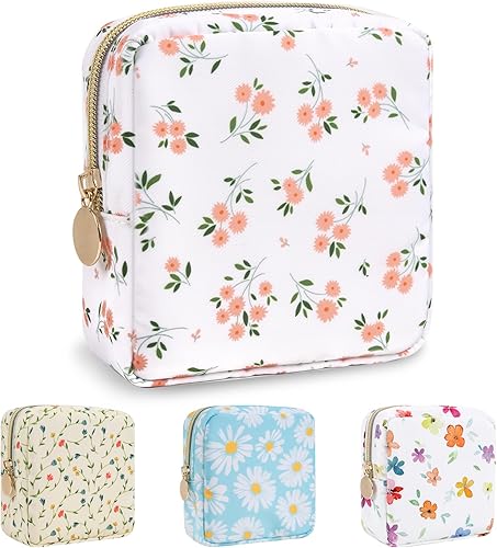 Miniatura 64 de izuzta Bolsa de maquillaje pequeña de nylon, linda bolsa preppy, bolsa con cremallera para cosméticos, Beige, Chico