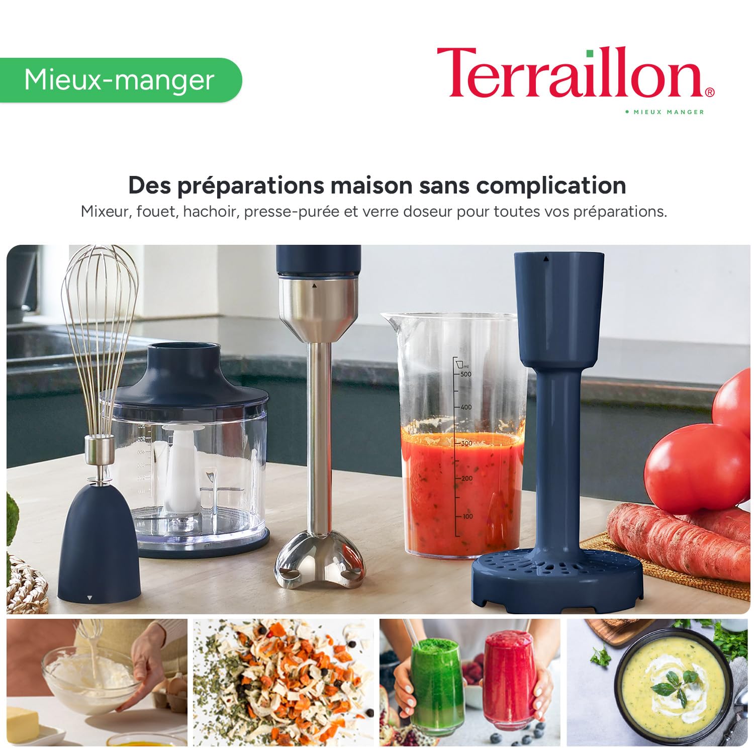 TERRAILLON - NEW MOON- Mixeur plongeant Electrique, Lames Inox, Fonction Turbo, 1000W, VItesse variable, Gobelet doseur, fouet inox, Hachoir 600 ml, Presse purée, Corps Inox peint, Bleu