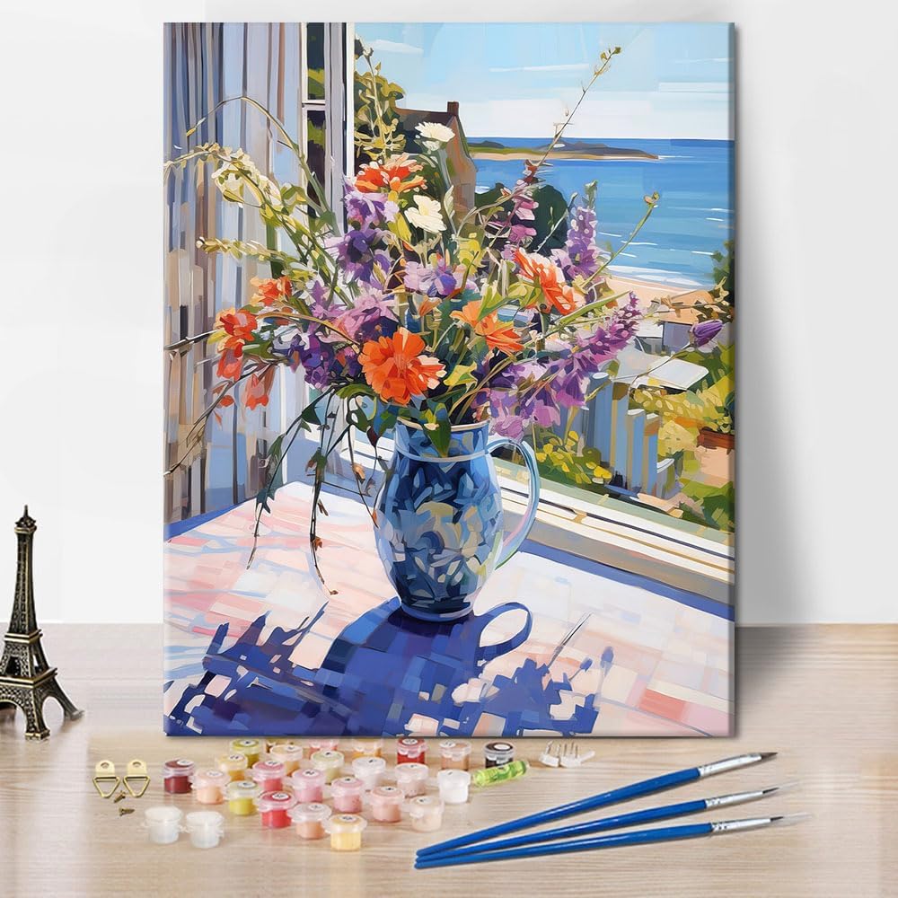 Frameless Wild Flowers Adult Paint by Number Kits DIY Vase Paint by Numbers as Gifts for Adults Beginner Canvas Oil Painting Kit Wild Flowers on a Table by the Window Art Crafts Kits 16x20 Inch