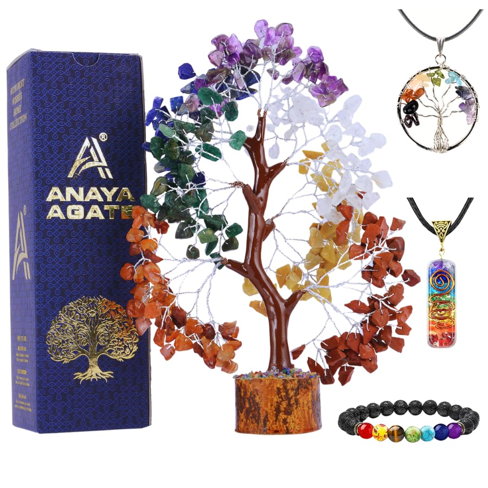 Chakra Tree Crystal Tree of Life Sister Birthday Gifts Home Decor Seven Chakra Tree Healing Crystal Tree Birthday Gifts for Women, Mom New Home House Warming Gifts Plus Bracelet Necklaces