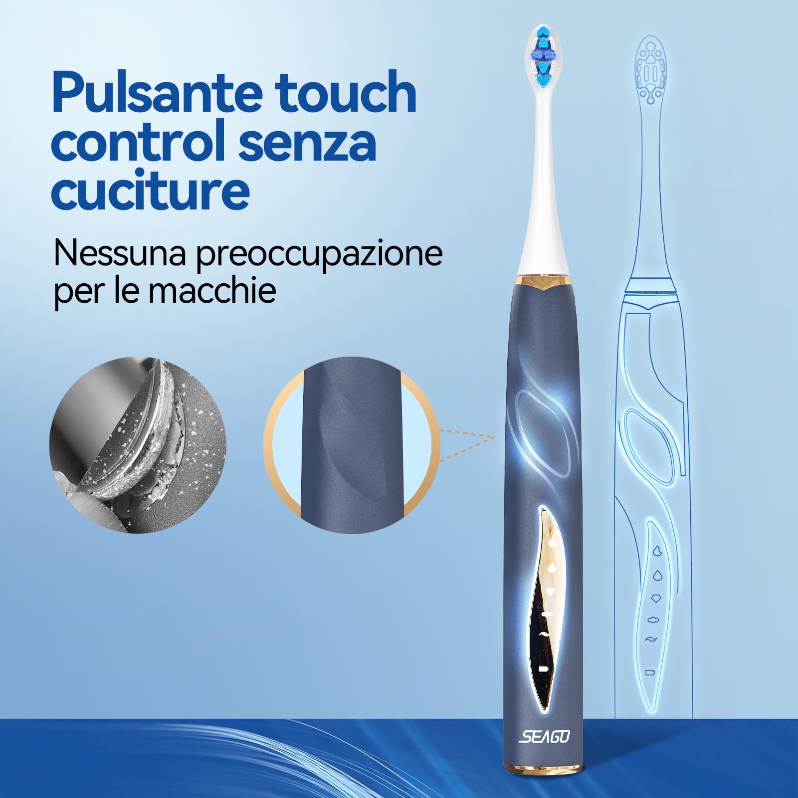 Seago spazzolino elettrico con sensore di pressione con porta spazzolino elettrico, 8 Testine, 40000 VPM, 5 Modalità, Timer da 2 Min, IPX7, Per Adatto alle persone sensibili, Adulti, Bianco (Blu)