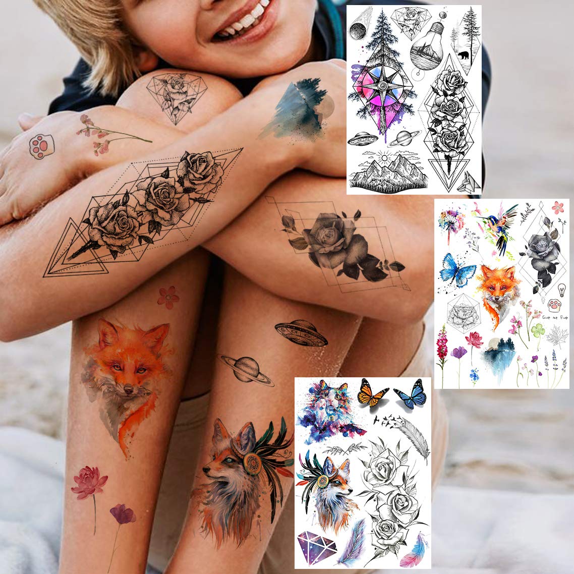 Yezunir 6 Sheets Watercolor Flower Temporary Tattoos For Women Girls Small Lavender Sweetpea Diamond Glitter Face Fake Tattoos Temporary Women Rose Floral Geometric Butterfly Feather Birds Tatoos Set : Beauty & Personal Care