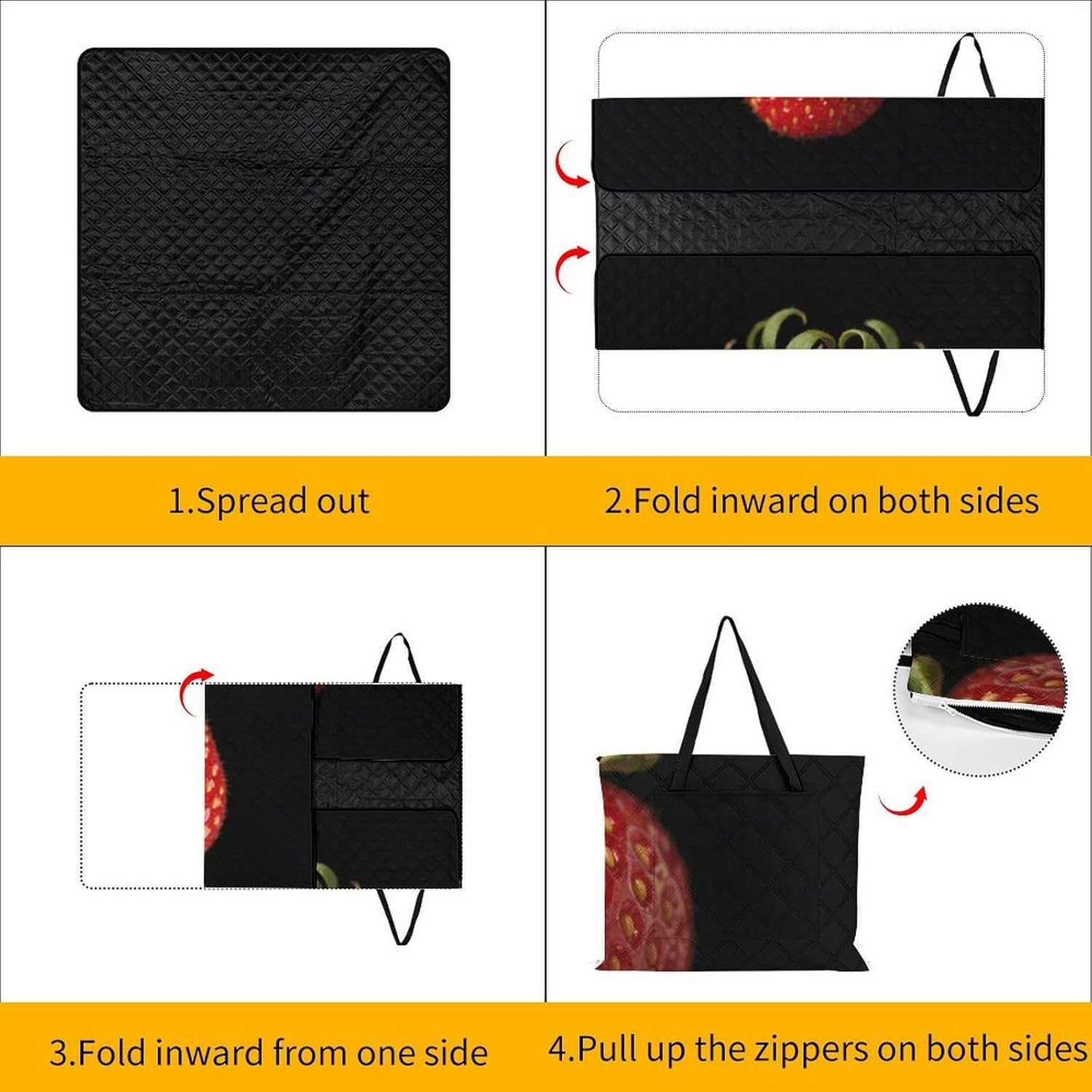 Fresh Fruits Picnic Blanket 150x150cm, Foldable 2-in-1 Picnic Mat and Tote Bag Portable Waterproof Beach Mat Sandproof Outdoor Blanket for Park, Hiking, Beach, Camping, Travel