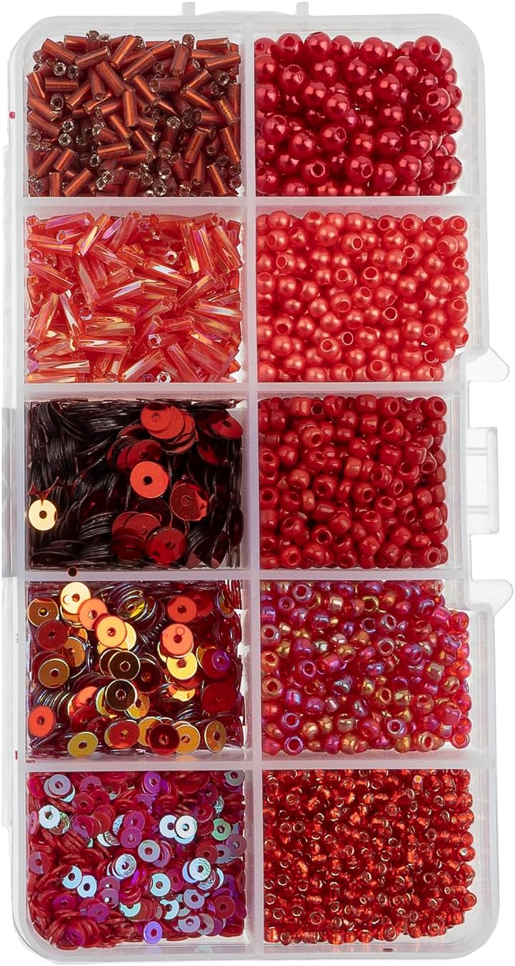 John Bead Sequins and Beads Kit APX 81g Mix 10 Types, Red Palette