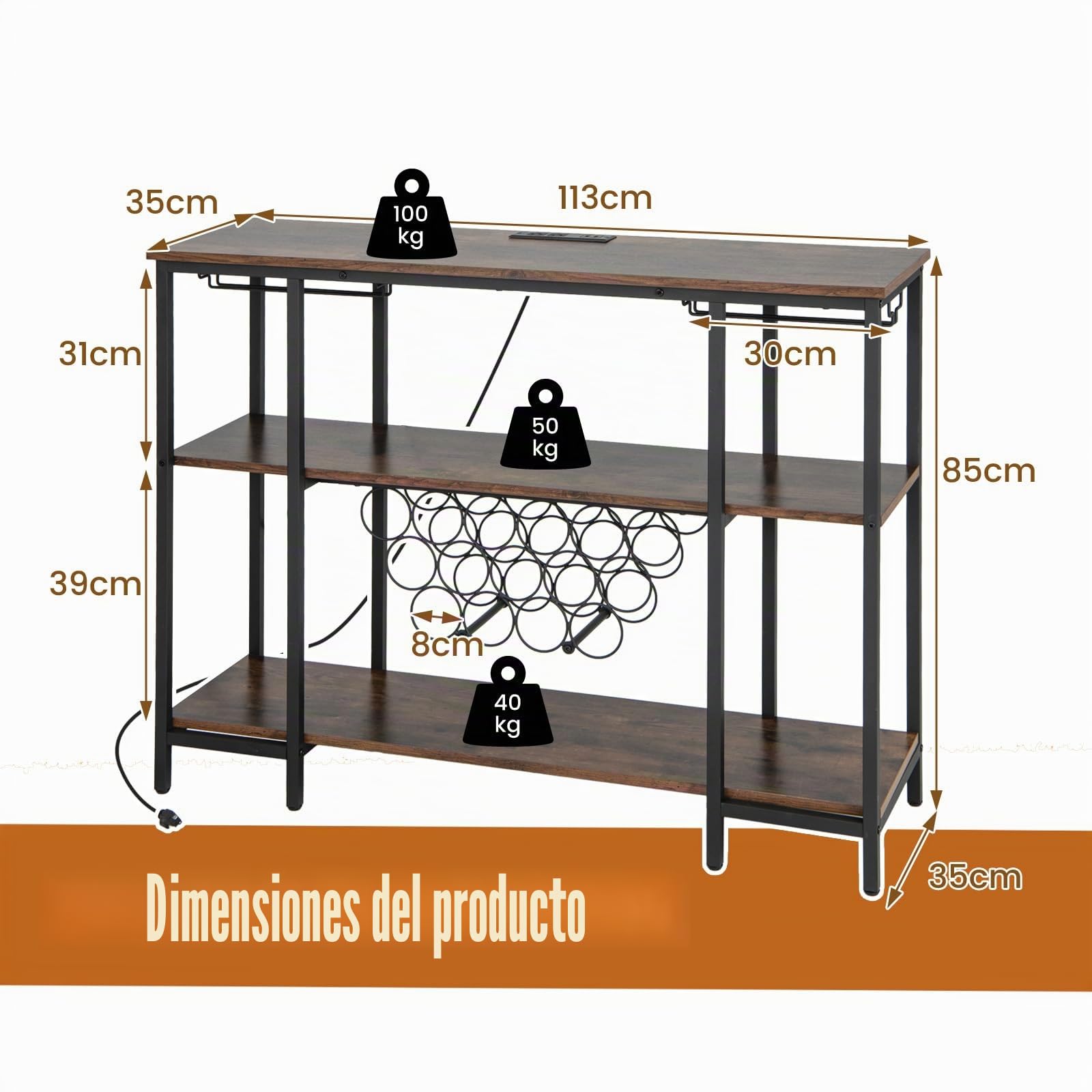 KOMFOTTEU Armario Bar de Vino de 3 Niveles, Botellero con con 2 Puertos USB y 2 Enchufes, Estantería de Almacenamiento para 15 Botellas con Portavasos, para Cocina, Salón, 113 x 35 x 85 cm (Marrón)