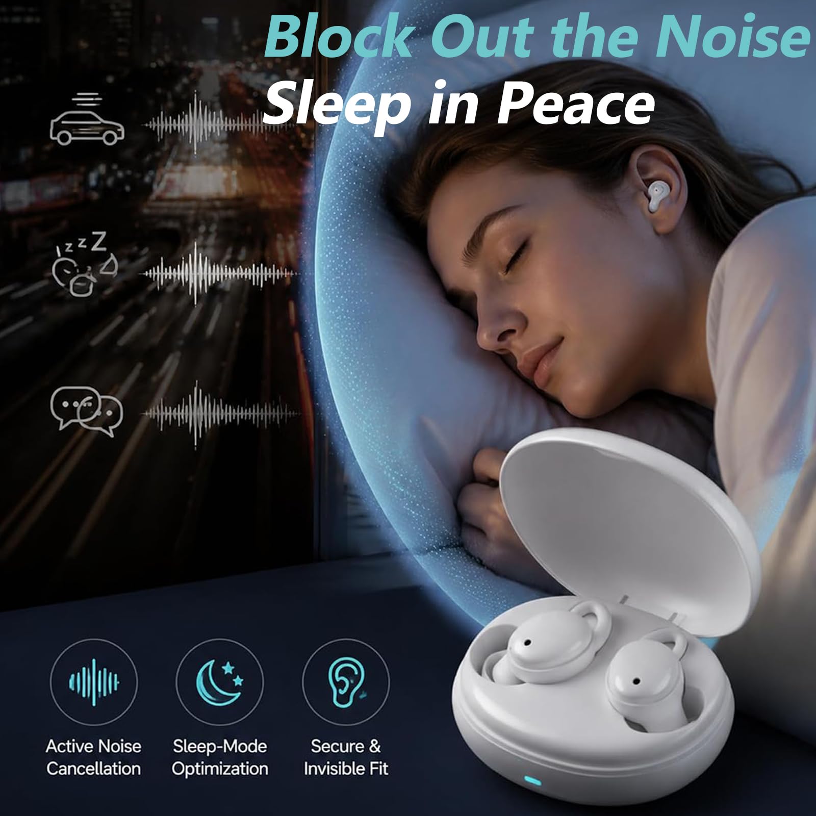 Auriculares ANC InvisibleFit para Dormir, Auriculares ANC para Dormir De Lado, Auricular Inalámbrico con Cancelación De Ruido Mini Compacto, Ideal para Relajación, Sueño Reparador (White)