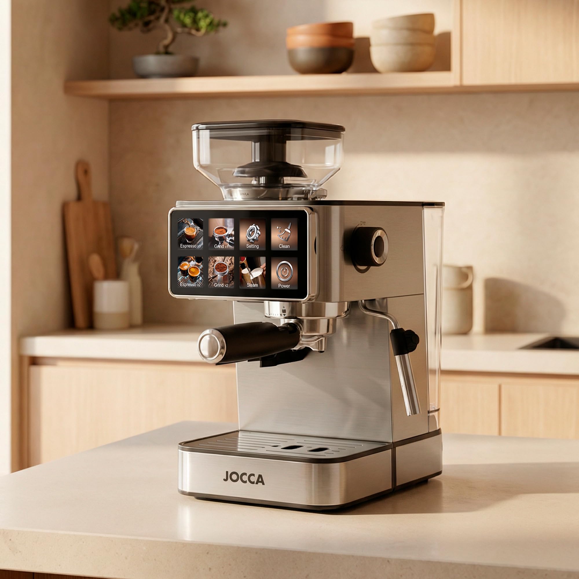 Jocca - Cafetera Espresso Semiautomática 20 Bar con Molinillo, Pantalla Táctil, 22 Niveles de Molienda, Vaporizador, Depósito 1,3L, 1450W, Acabado en cromado Acero Inoxidable