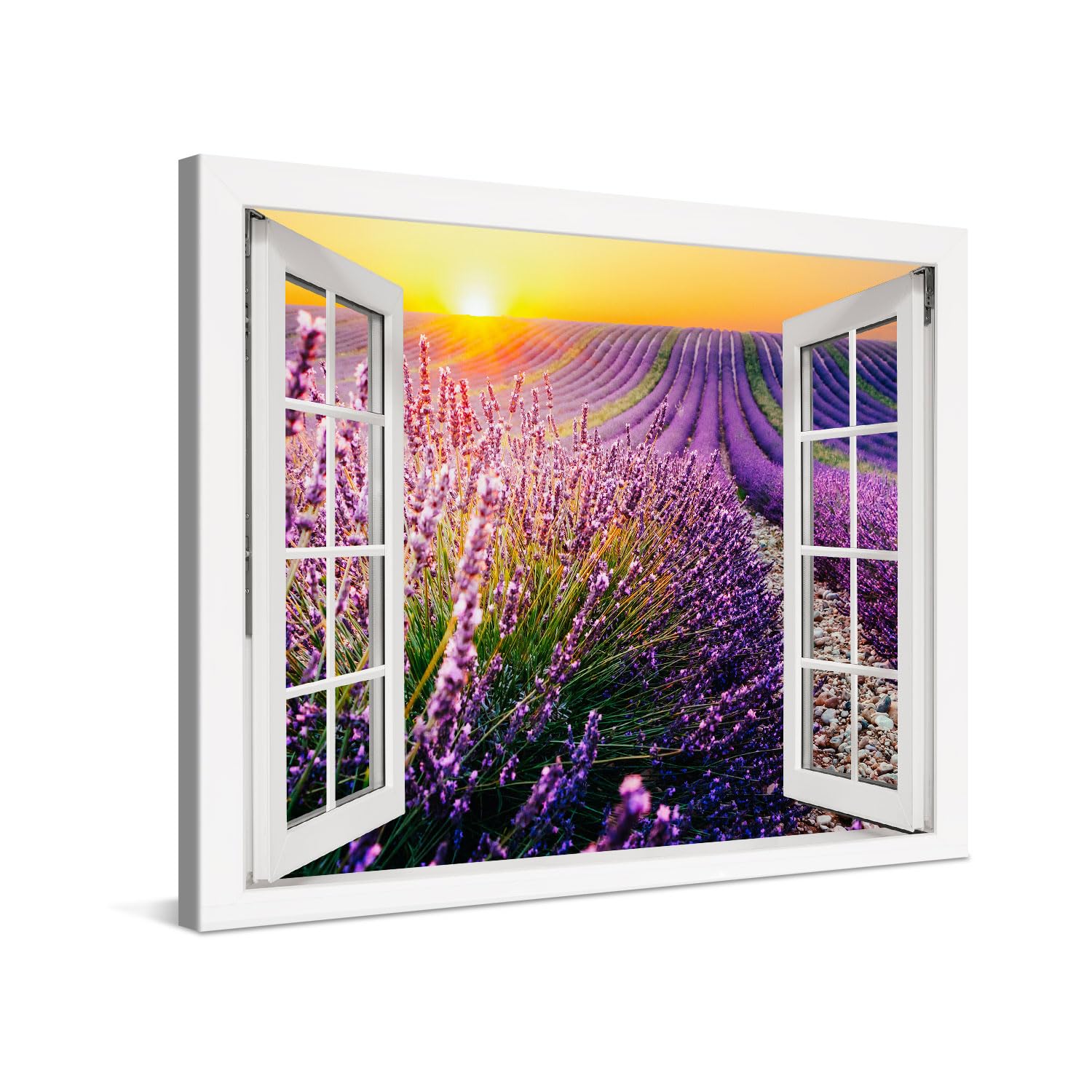 PICANOVA – Cuadro sobre Lienzo 80x60cm Atardecer de Campo de Lavanda Ventana – Imagen Impresión Montado sobre Marco De Madera – Cuadro Decoración Moderno Para Salón o Dormitorio