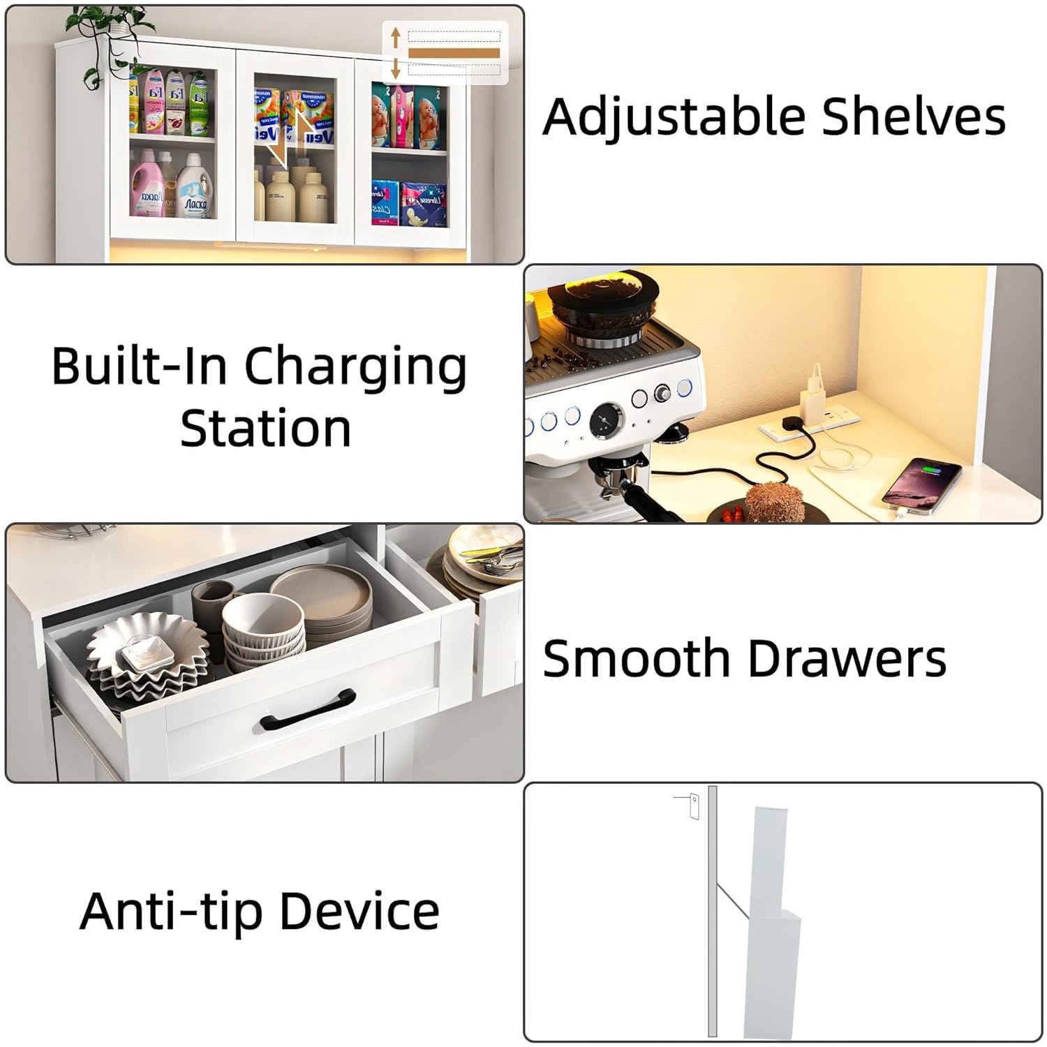 Squireewo 72" Tall Kitchen Trash Can Cabinet with Sensor Light and Power Outlet, 2x13 Gallon Double Garbage Can Hutch Cabinet with Storage Drawers, Kitchen Storage Pantry for Dining Room, White
