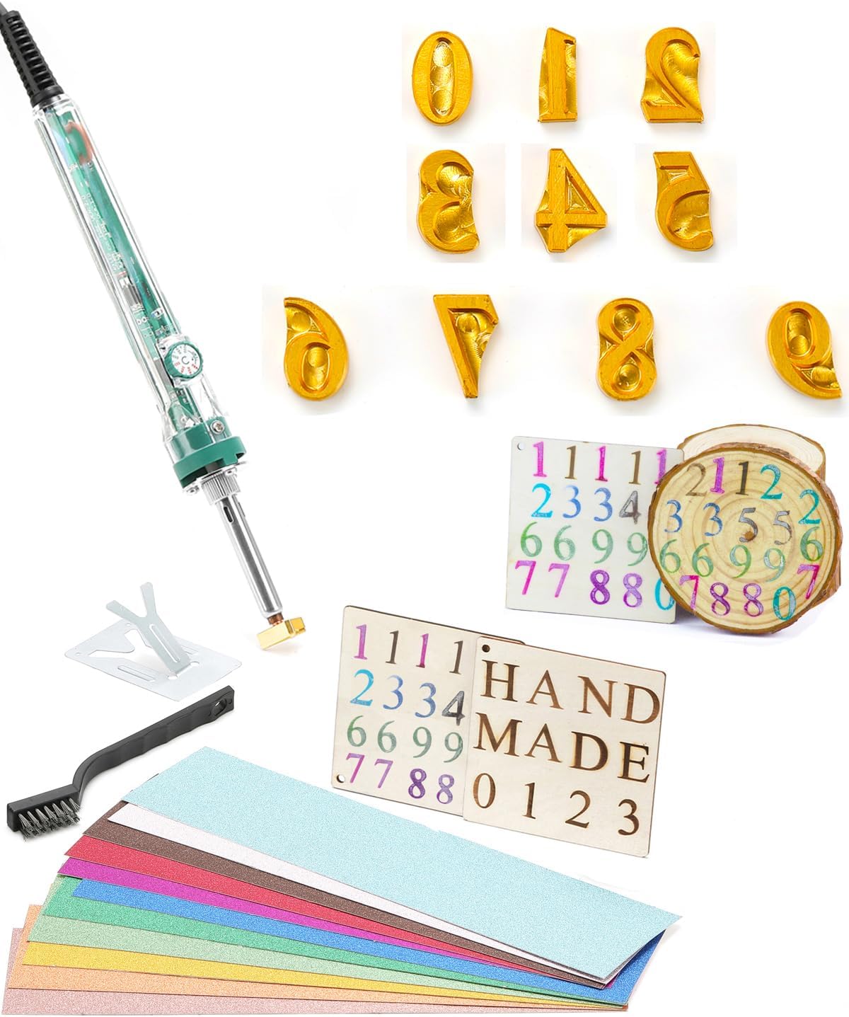 5/8" 10Pcs Wood Burning Letter Kit, Wood Burning Numbers for Wood Branding Leather Crafting, DIY Gifts for Christmas Wedding Birthday Beginners, with 80W Electric Branding Iron (Brass Numbers 0-9)