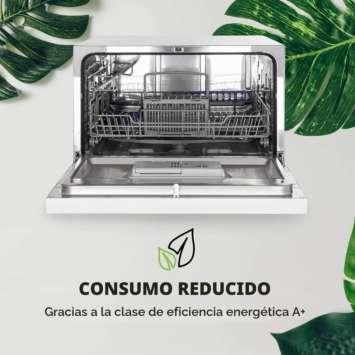 Klarstein Lagoona Mini lavavajillas de libre instalación, Potencia: 1380 W, 6 servicios estándar, Consumo de agua: 6,5 L, 7 programas más secado extra, 49 dB, panel táctil negro, blanco