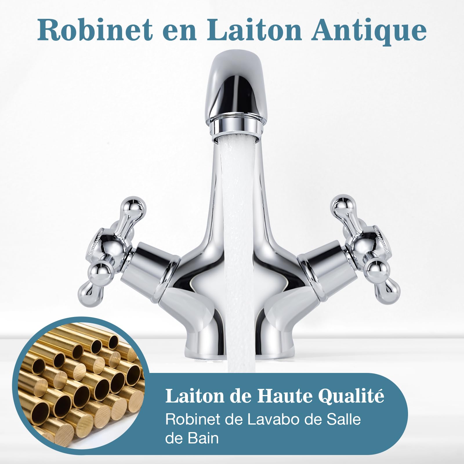Robinet de Lavabo Rétro, Mitigeur Lavabo Double Poignée, Robinet D'évier de Salle de Bain, Robinetterie de Lavabo avec Eau Chaude et Froide Disponible, Chromé