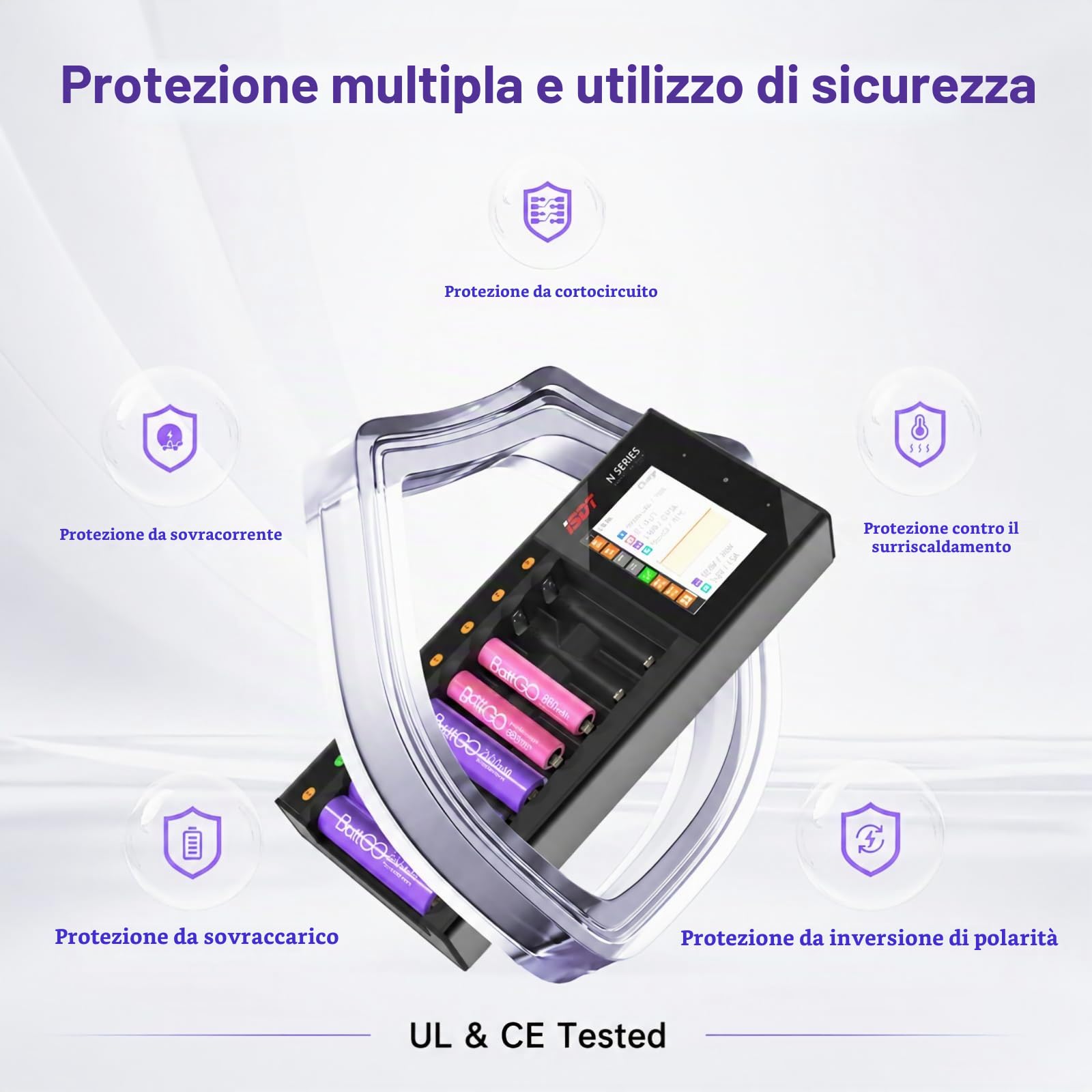 ISDT Caricabatterie intelligente N8, identificazione automatica del tipo di batteria, compatibile con batterie cilindriche AA/AAA Li-Ion/LiHv/LiFe/NiMH/NiCd/NiZn, interfaccia di funzionamento