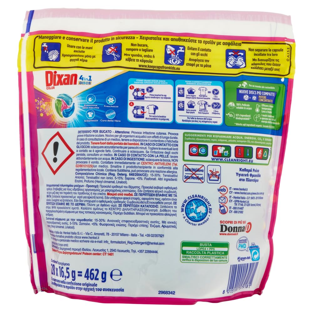 Dixan DISCS 4in1 Color Detersivo Lavatrice (50 Lavaggi), Capsule lavatrice per colori vivaci, pulizia profonda del bucato e freschezza igienica per la lavatrice, Rimuove le macchie da 20°C